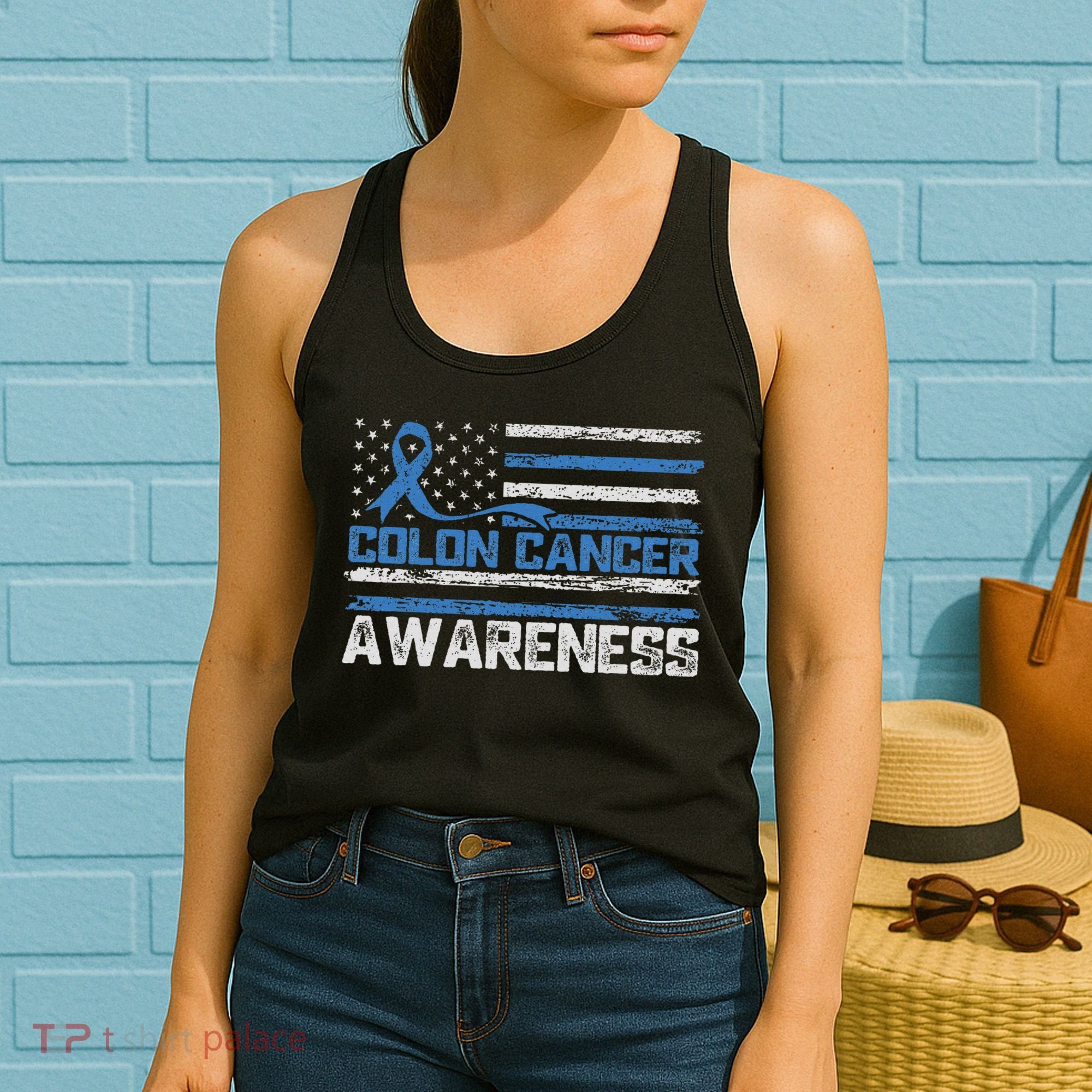 Colon Cancer Awareness Month American Flag Ribbon Women's Tank Top