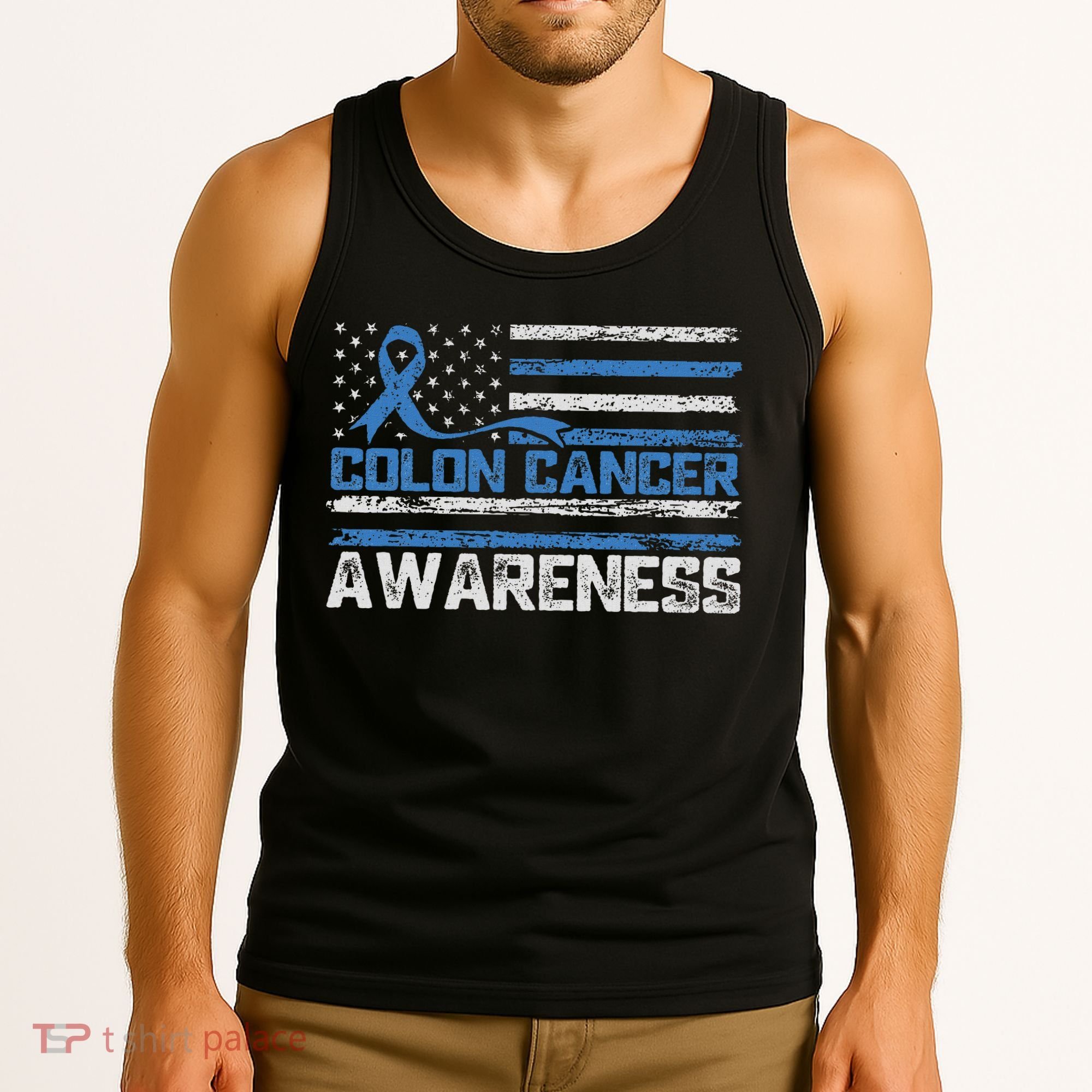 Colon Cancer Awareness Month American Flag Ribbon Tank Top