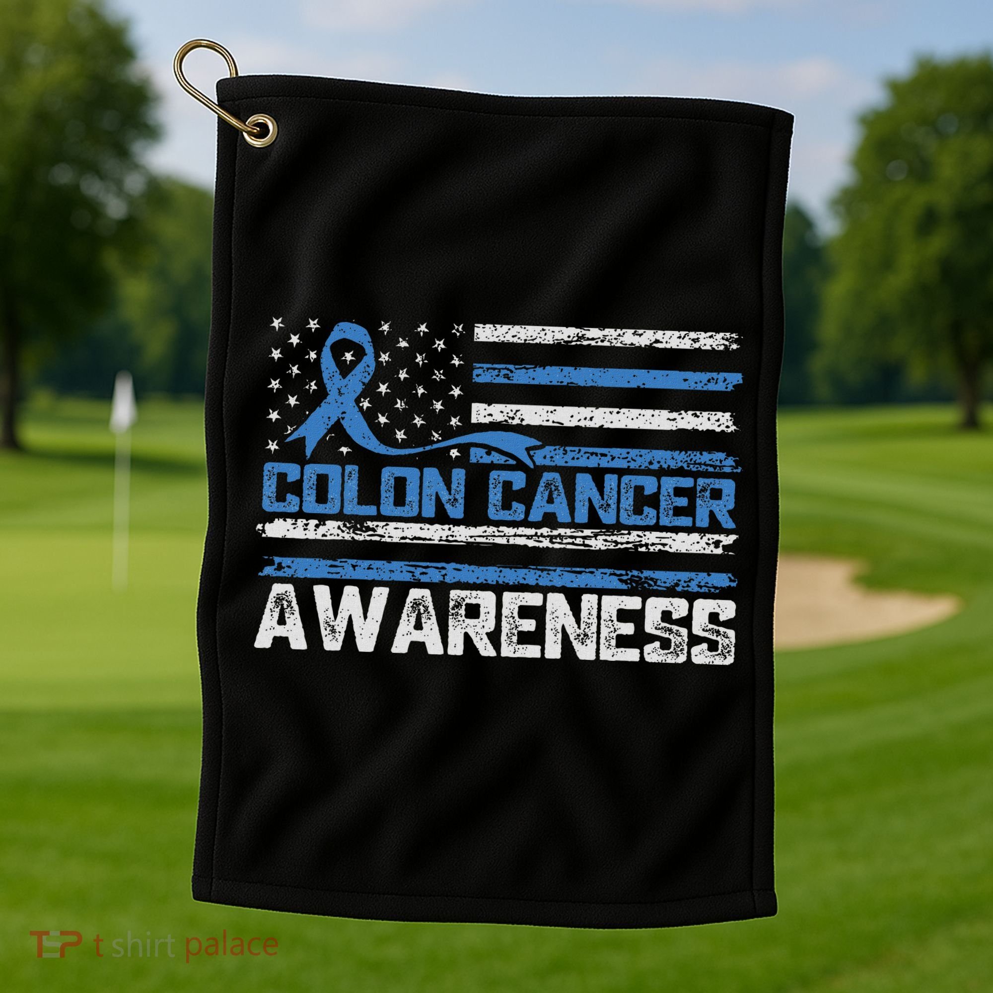 Colon Cancer Awareness Month American Flag Ribbon Golf Towel