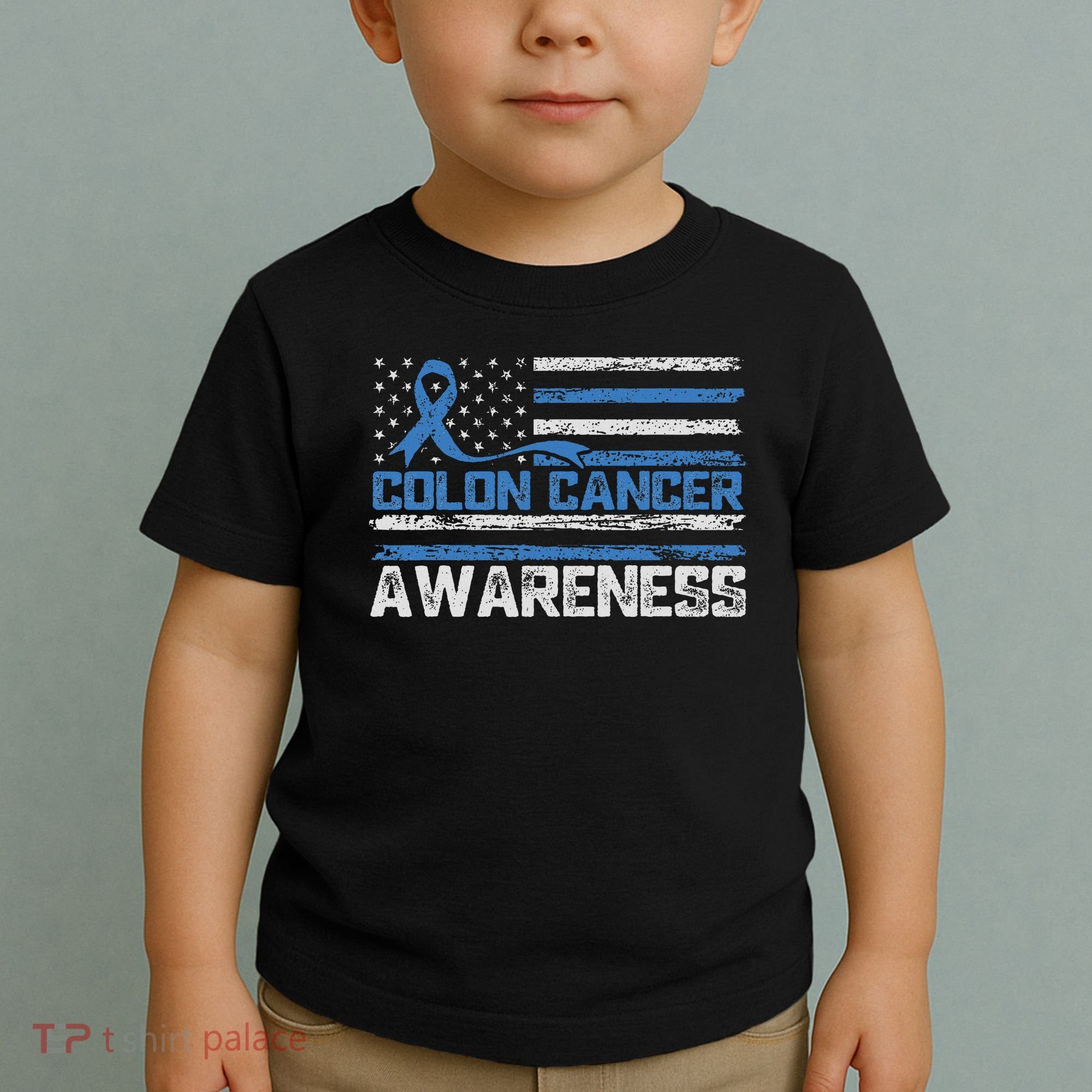 Colon Cancer Awareness Month American Flag Ribbon Toddler T-Shirt