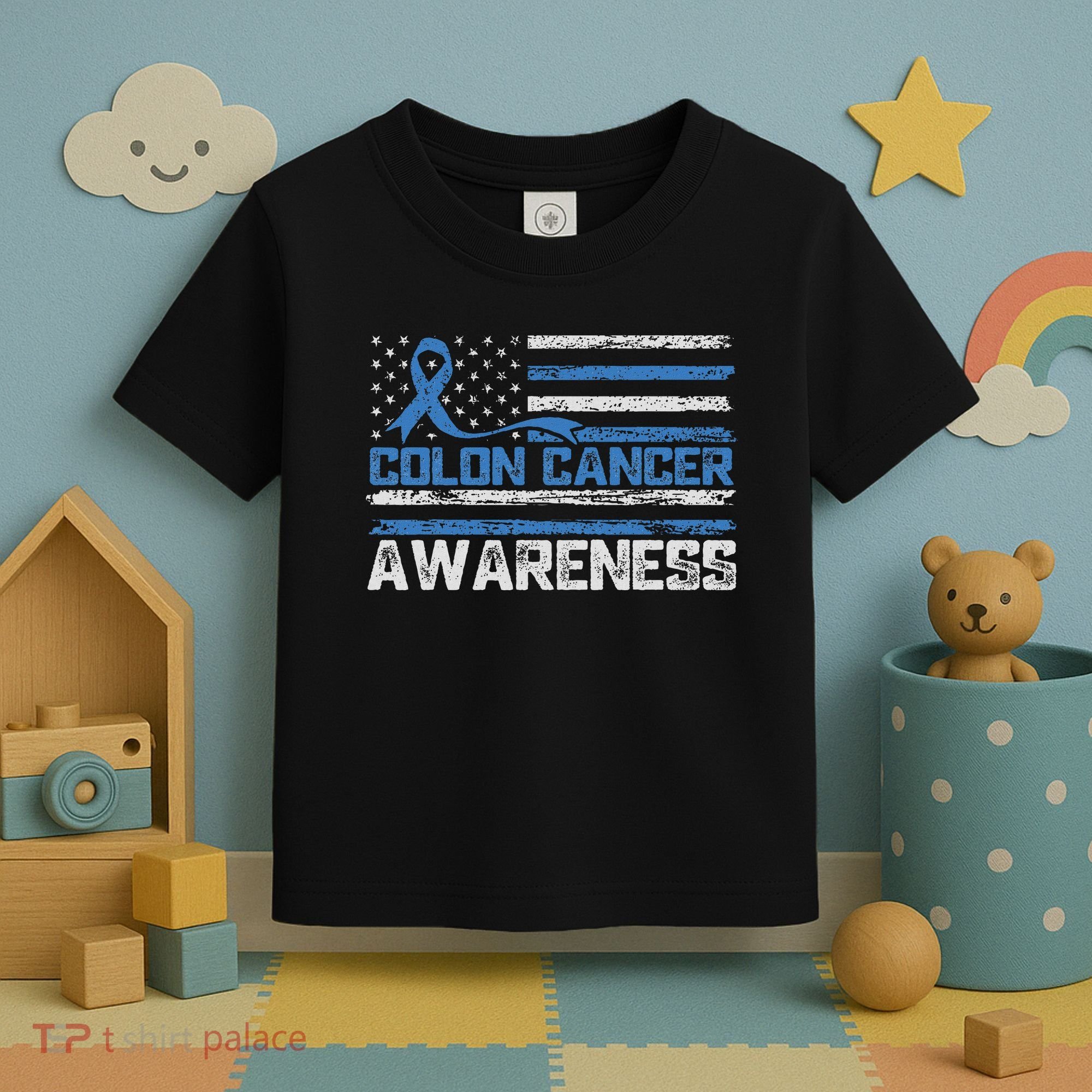 Colon Cancer Awareness Month American Flag Ribbon Toddler T-Shirt