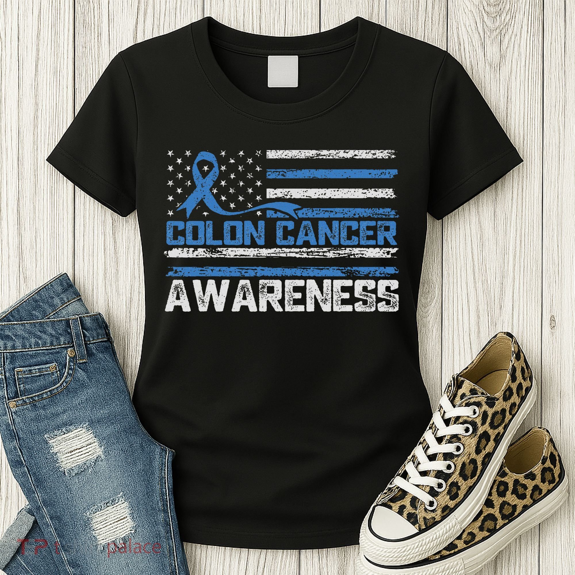 Colon Cancer Awareness Month American Flag Ribbon Women's T-Shirt