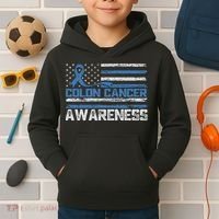 Colon Cancer Awareness Month American Flag Ribbon Kids Hoodie thumb 2