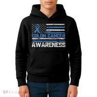 Colon Cancer Awareness Month American Flag Ribbon Kids Hoodie thumb 4