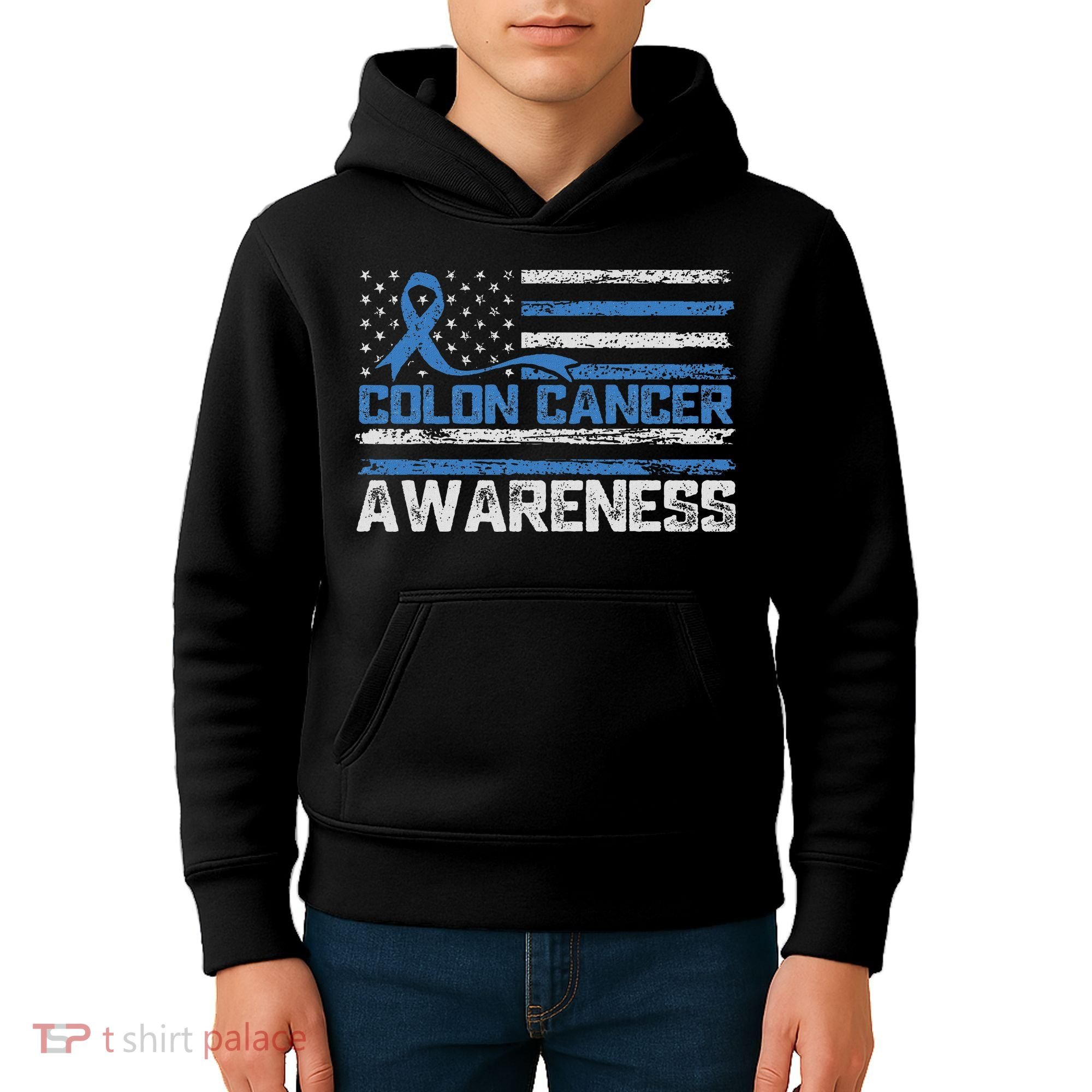 Colon Cancer Awareness Month American Flag Ribbon Kids Hoodie