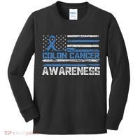 Colon Cancer Awareness Month American Flag Ribbon Kids Long Sleeve Shirt thumb 0