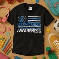 Colon Cancer Awareness Month American Flag Ribbon Kids T-Shirt thumb 3