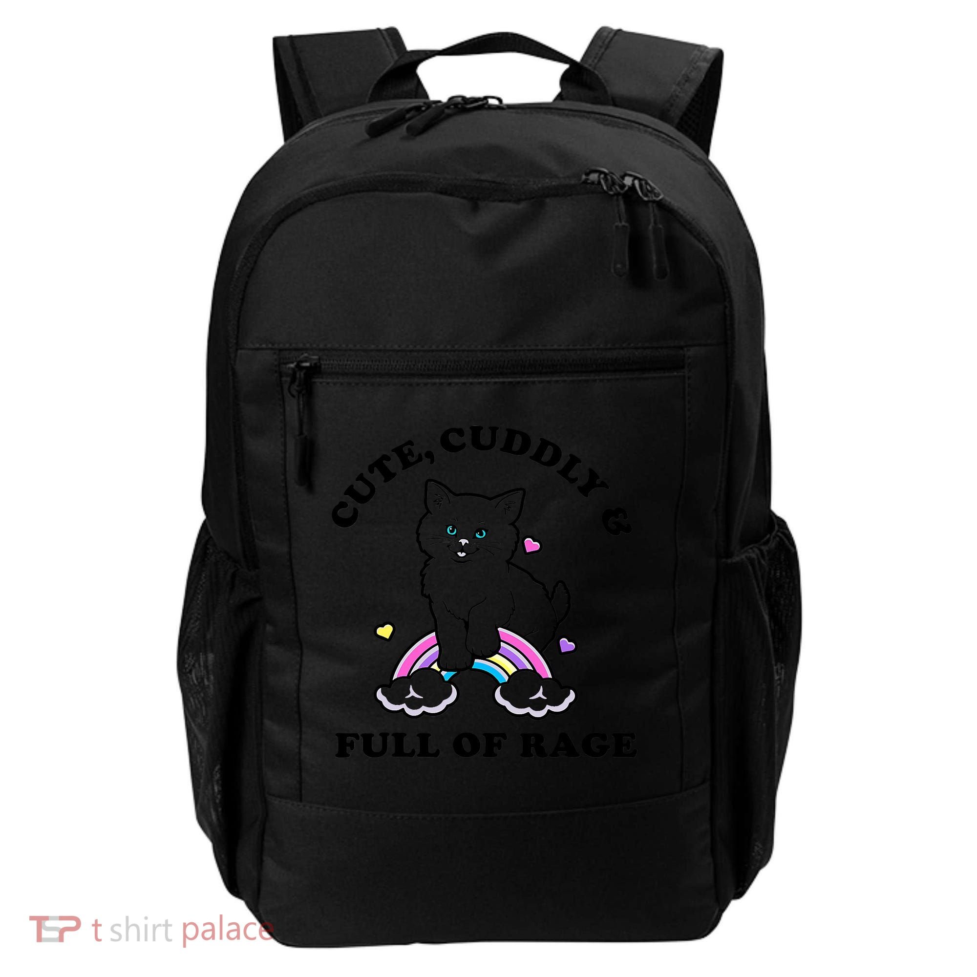 Cute Cuddly And Full Of Rage Cute Cat With Rainbow Backpack