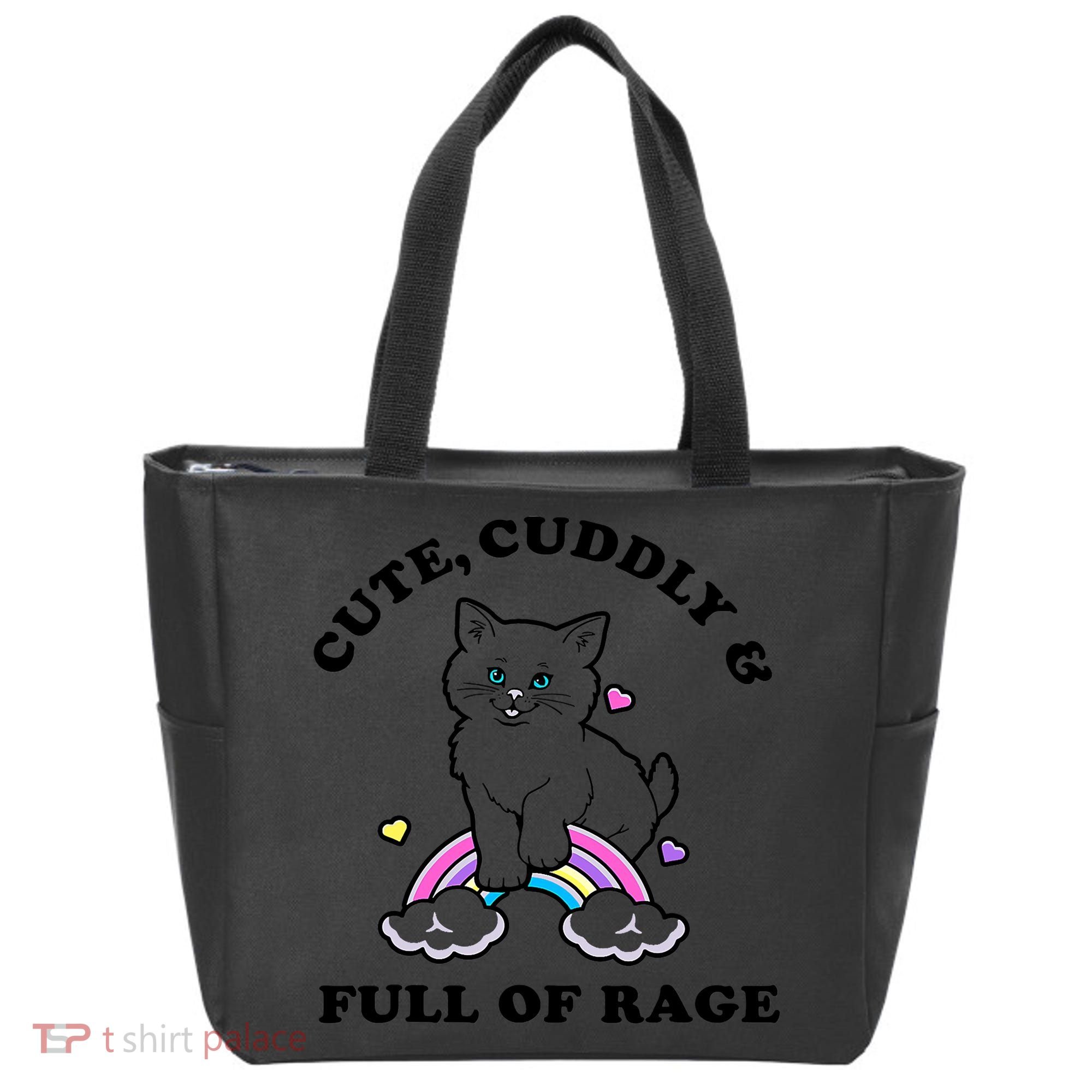 Cute Cuddly And Full Of Rage Cute Cat With Rainbow Tote Bag