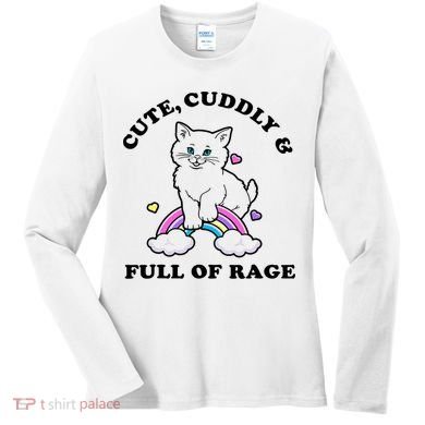 Cute Cuddly And Full Of Rage Cute Cat With Rainbow Women's Long Sleeve Shirt