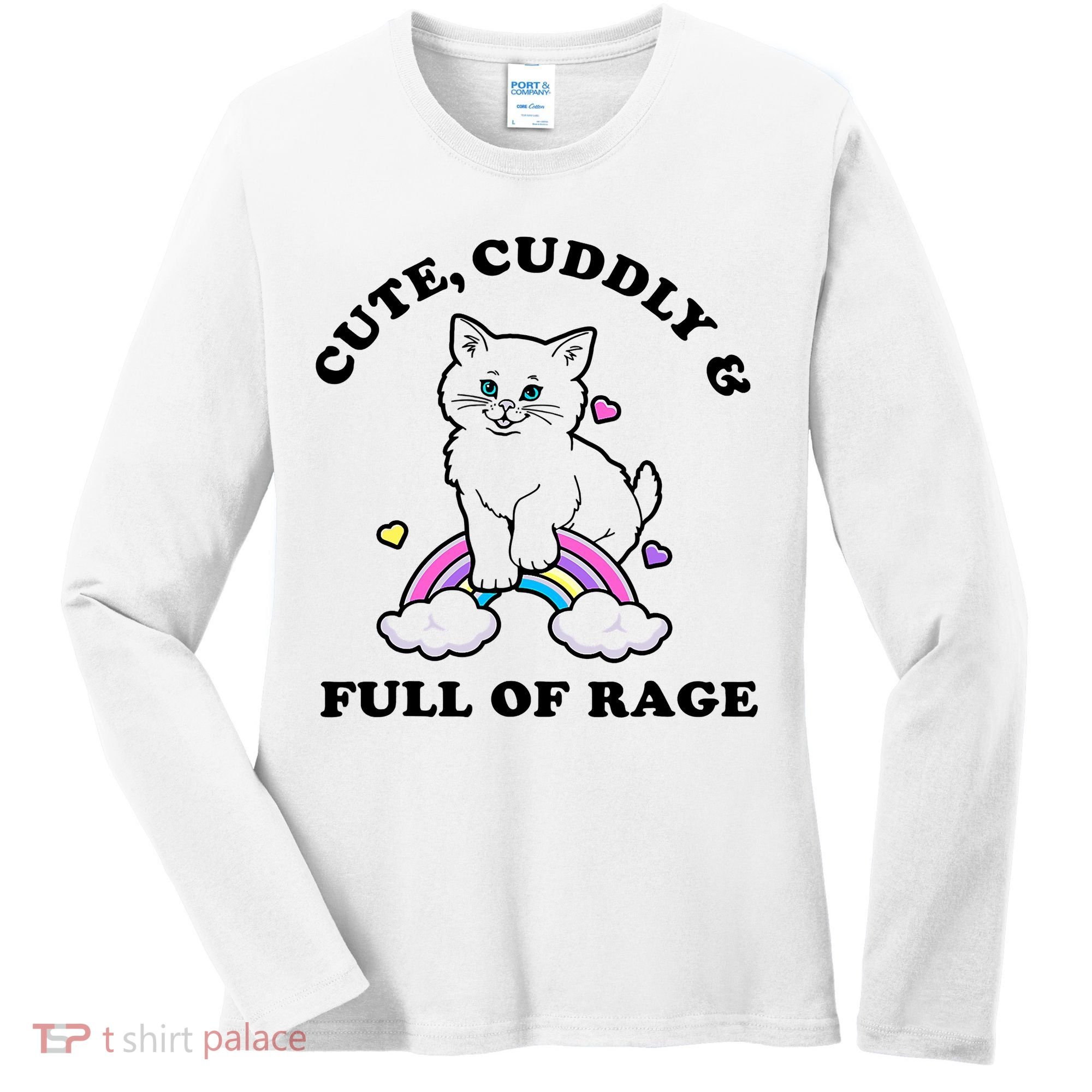 Cute Cuddly And Full Of Rage Cute Cat With Rainbow Women's Long Sleeve Shirt
