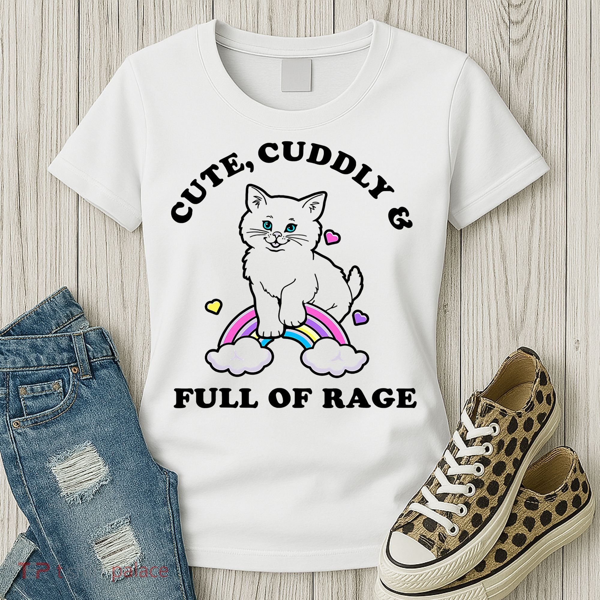 Cute Cuddly And Full Of Rage Cute Cat With Rainbow Women's T-Shirt