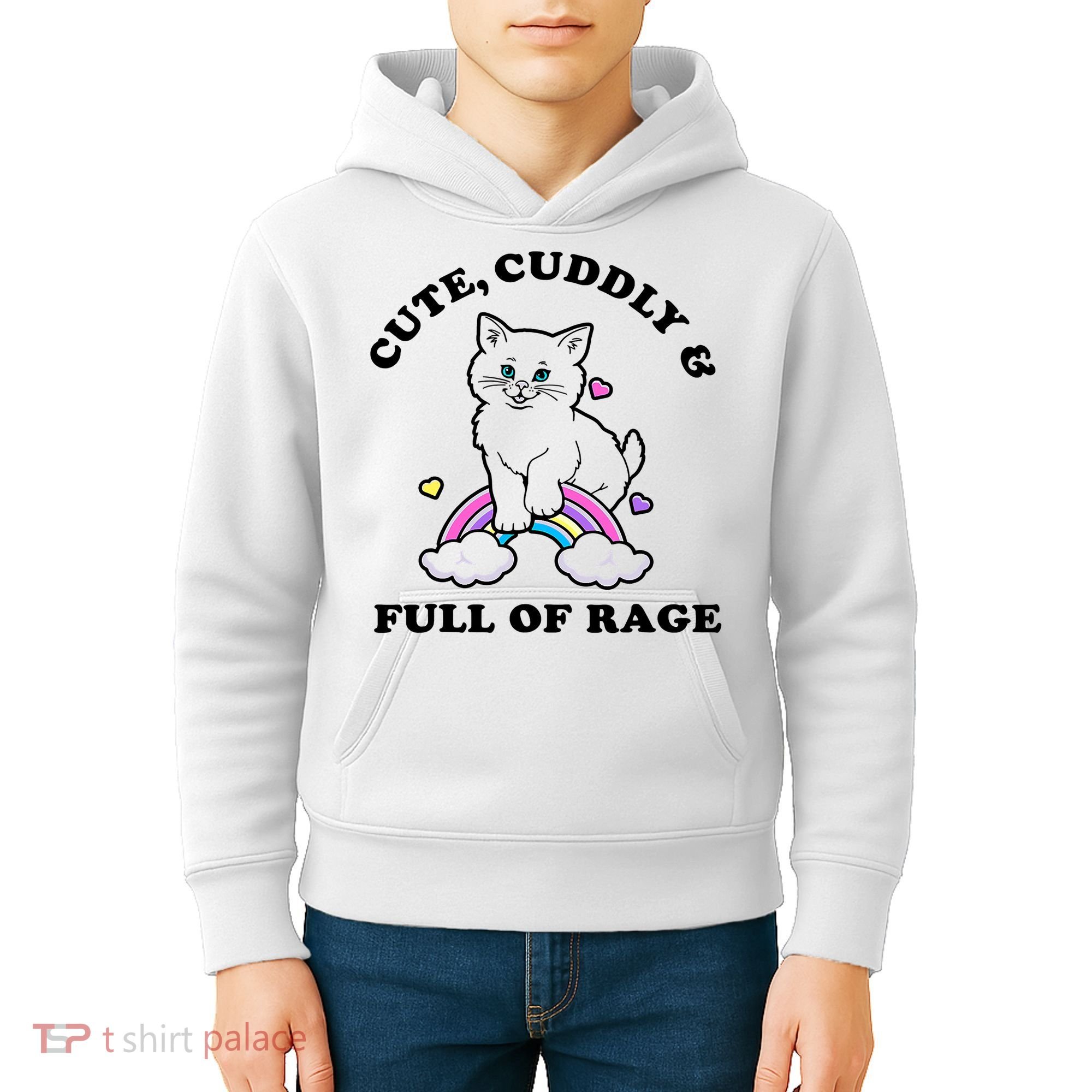 Cute Cuddly And Full Of Rage Cute Cat With Rainbow Kids Hoodie