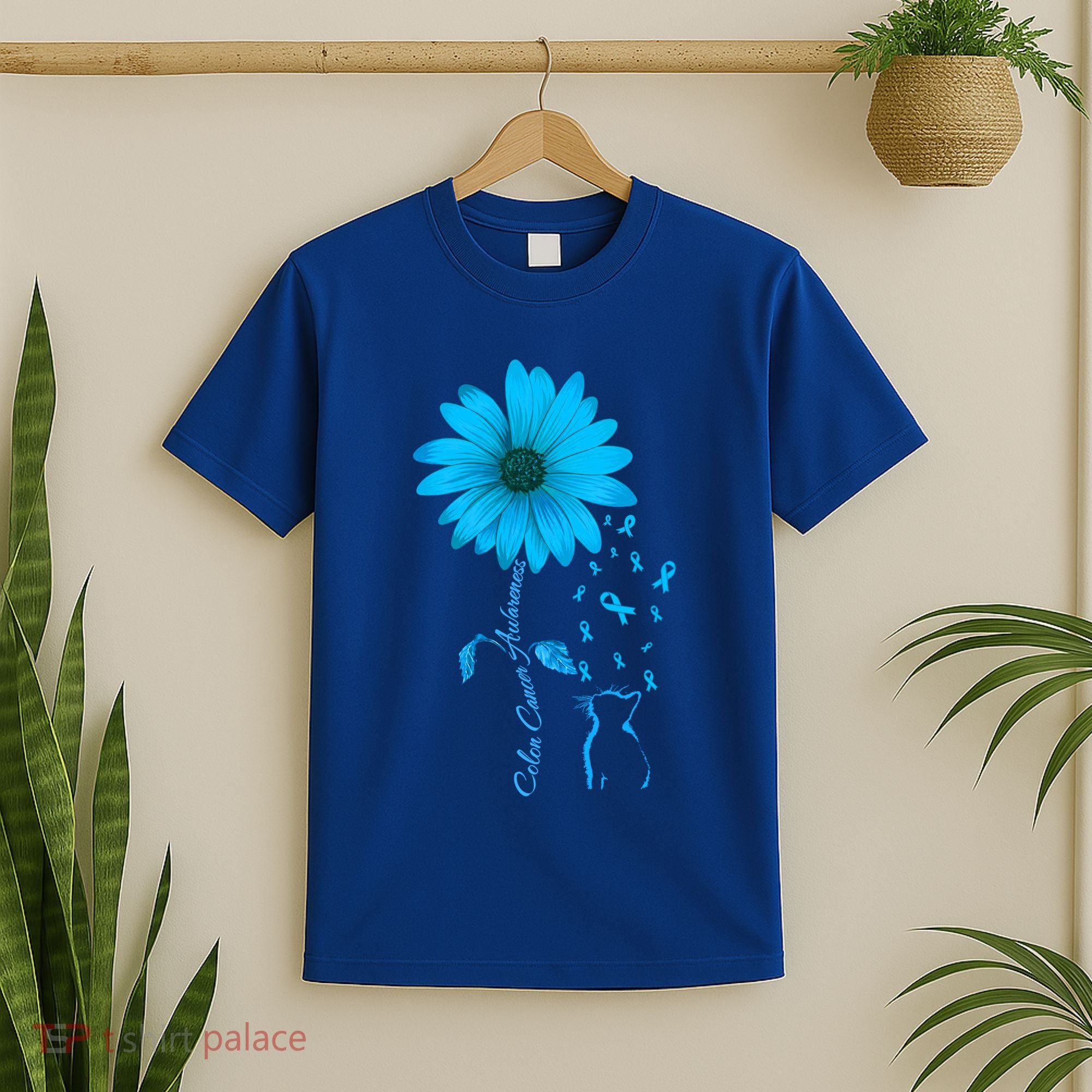 Colon Cancer Awareness Flower Blue Ribbon Colorectal Cancer Gift T-Shirt