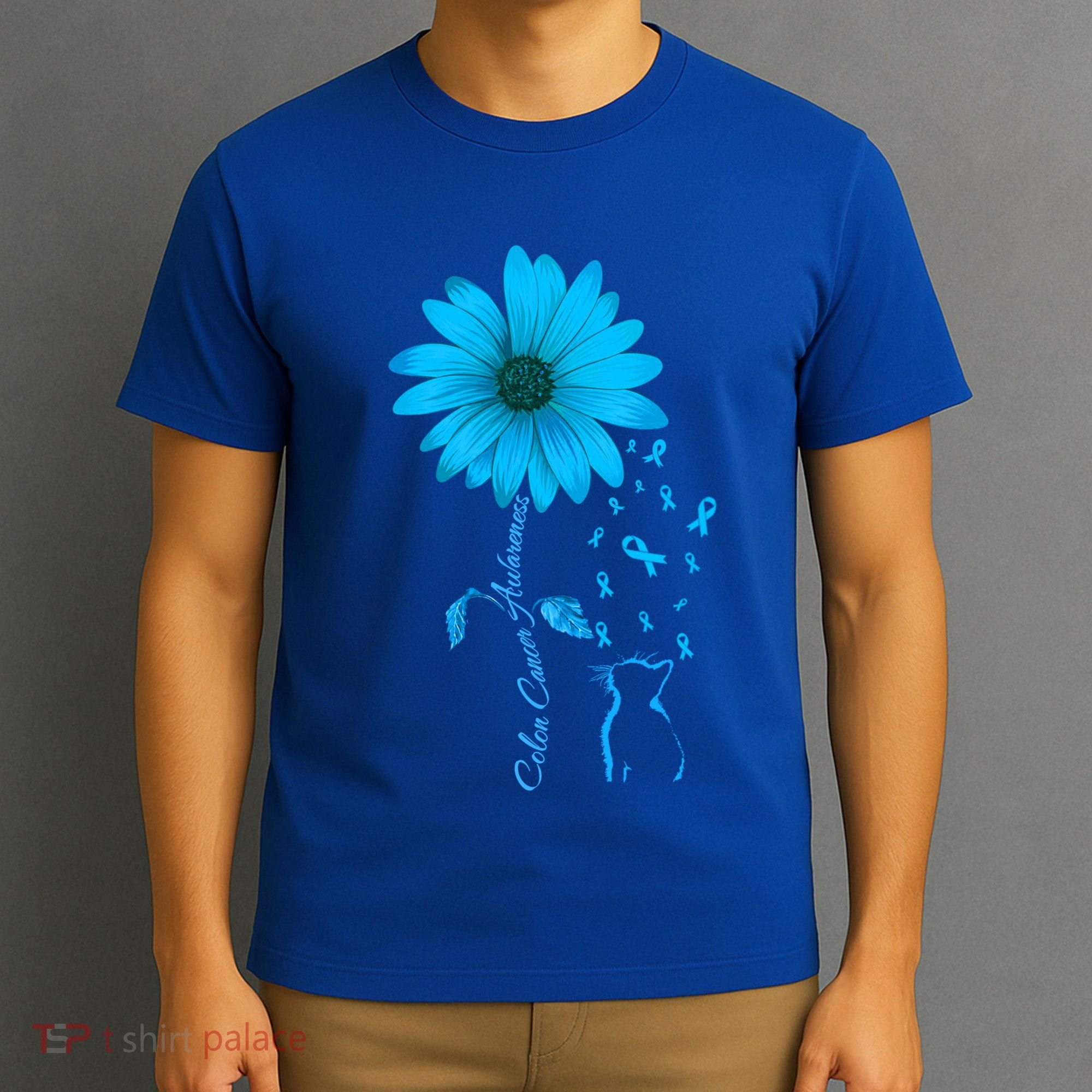 Colon Cancer Awareness Flower Blue Ribbon Colorectal Cancer Gift T-Shirt