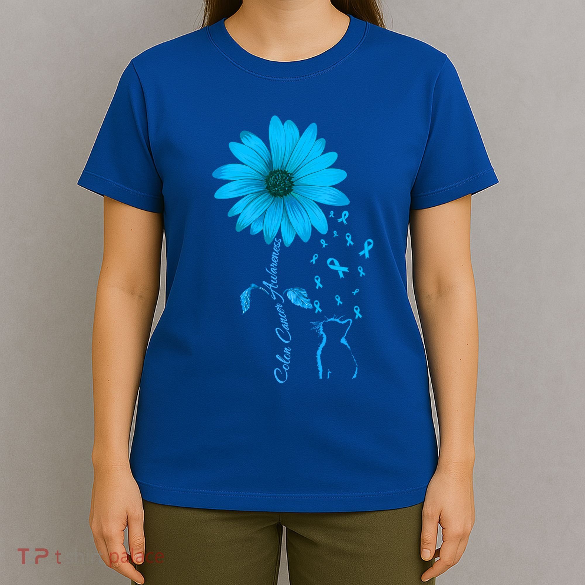 Colon Cancer Awareness Flower Blue Ribbon Colorectal Cancer Gift T-Shirt