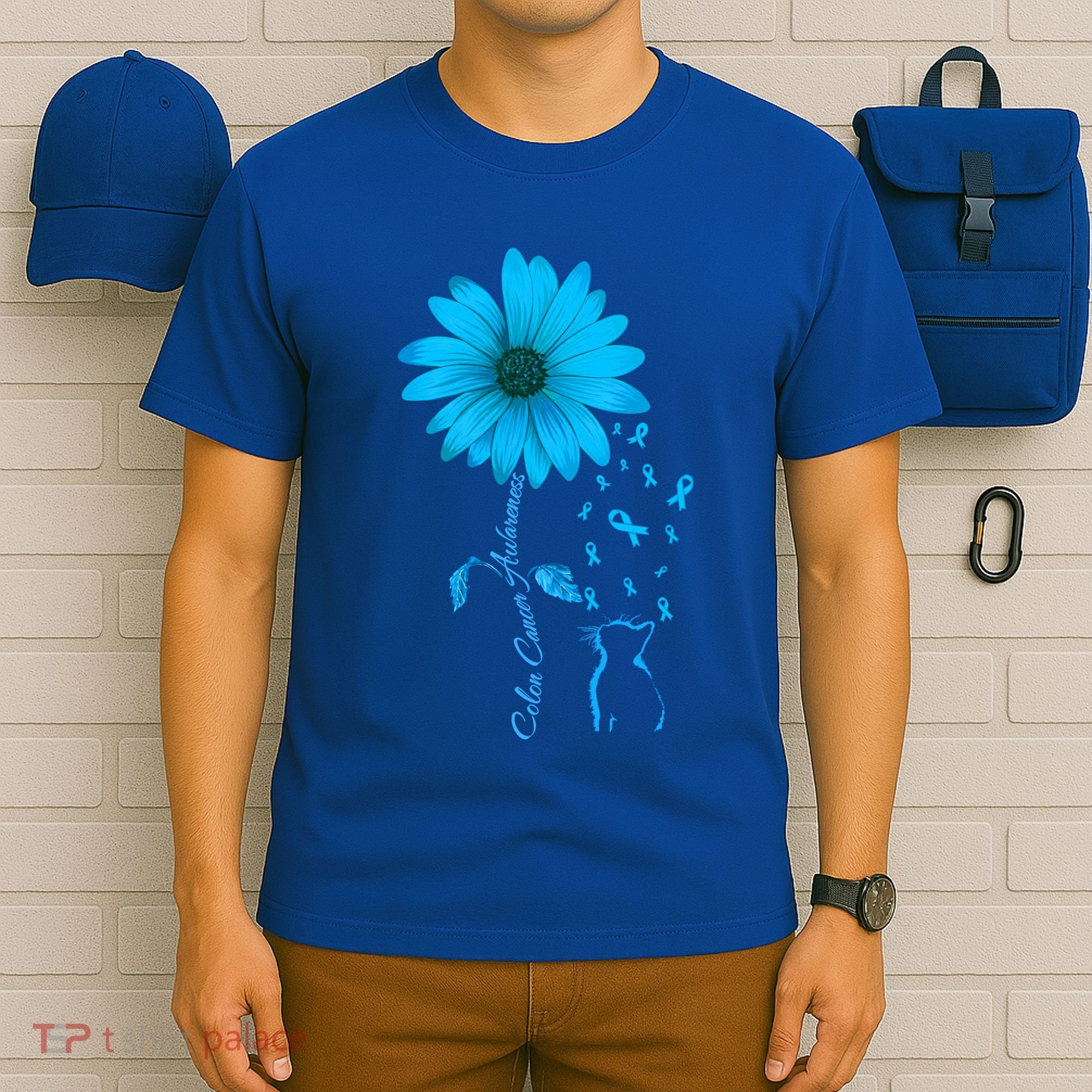 Colon Cancer Awareness Flower Blue Ribbon Colorectal Cancer Gift T-Shirt