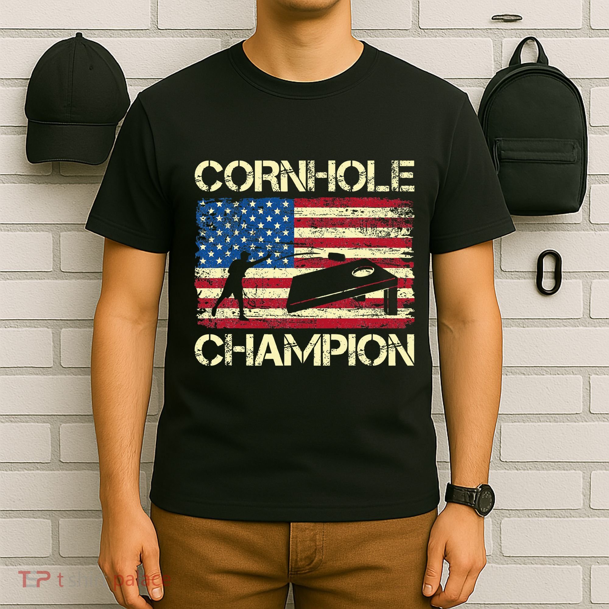 Cornhole Champion American Flag T-Shirt