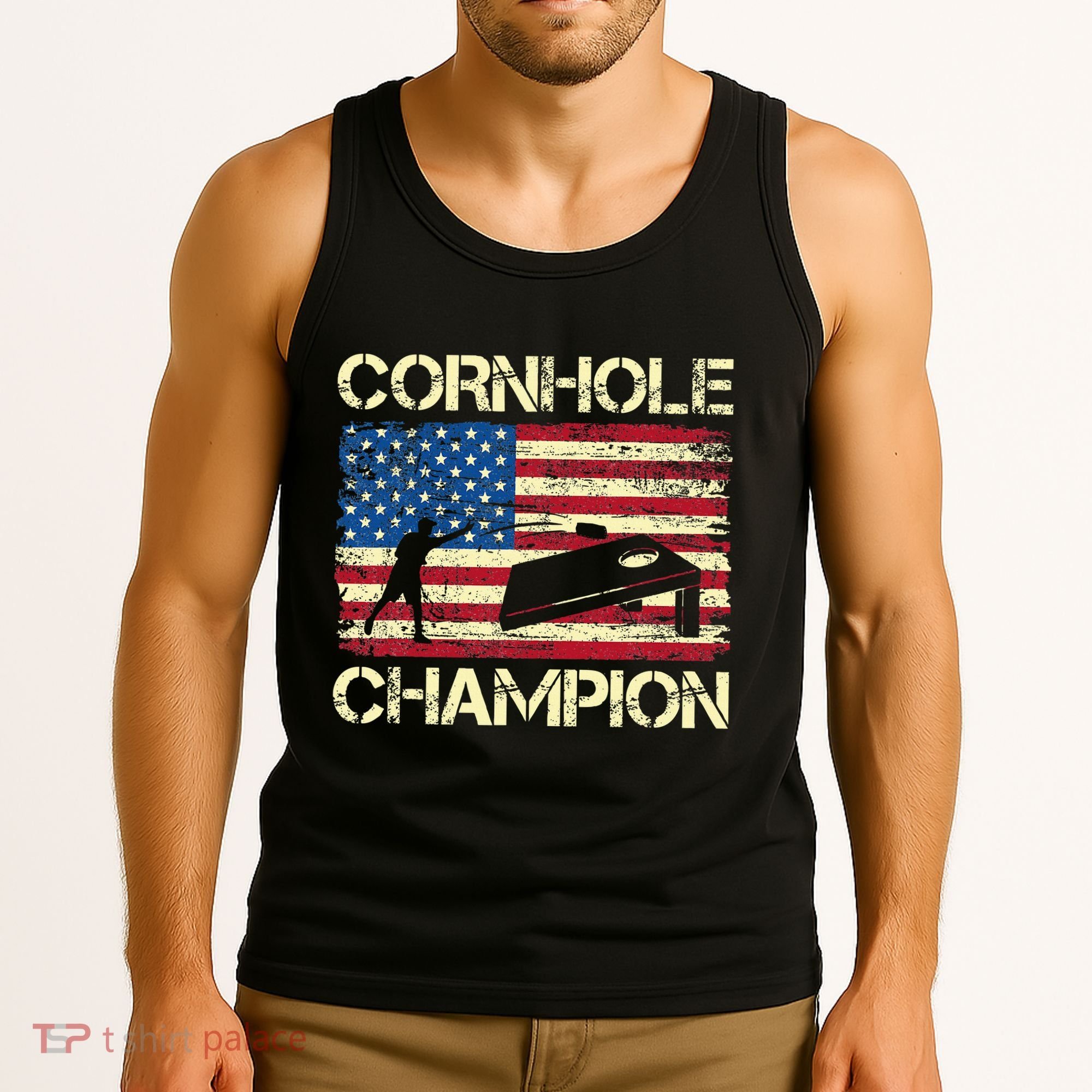 Cornhole Champion American Flag Tank Top