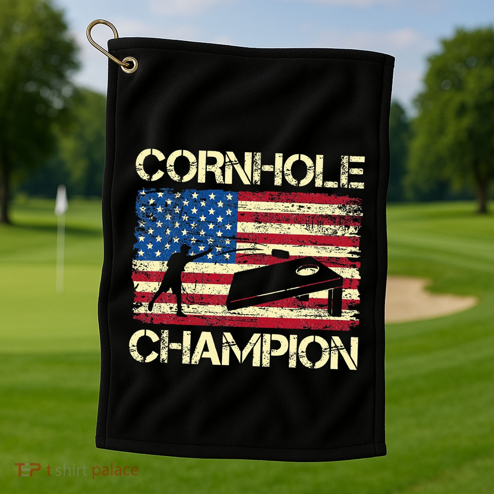 Cornhole Champion American Flag Golf Towel