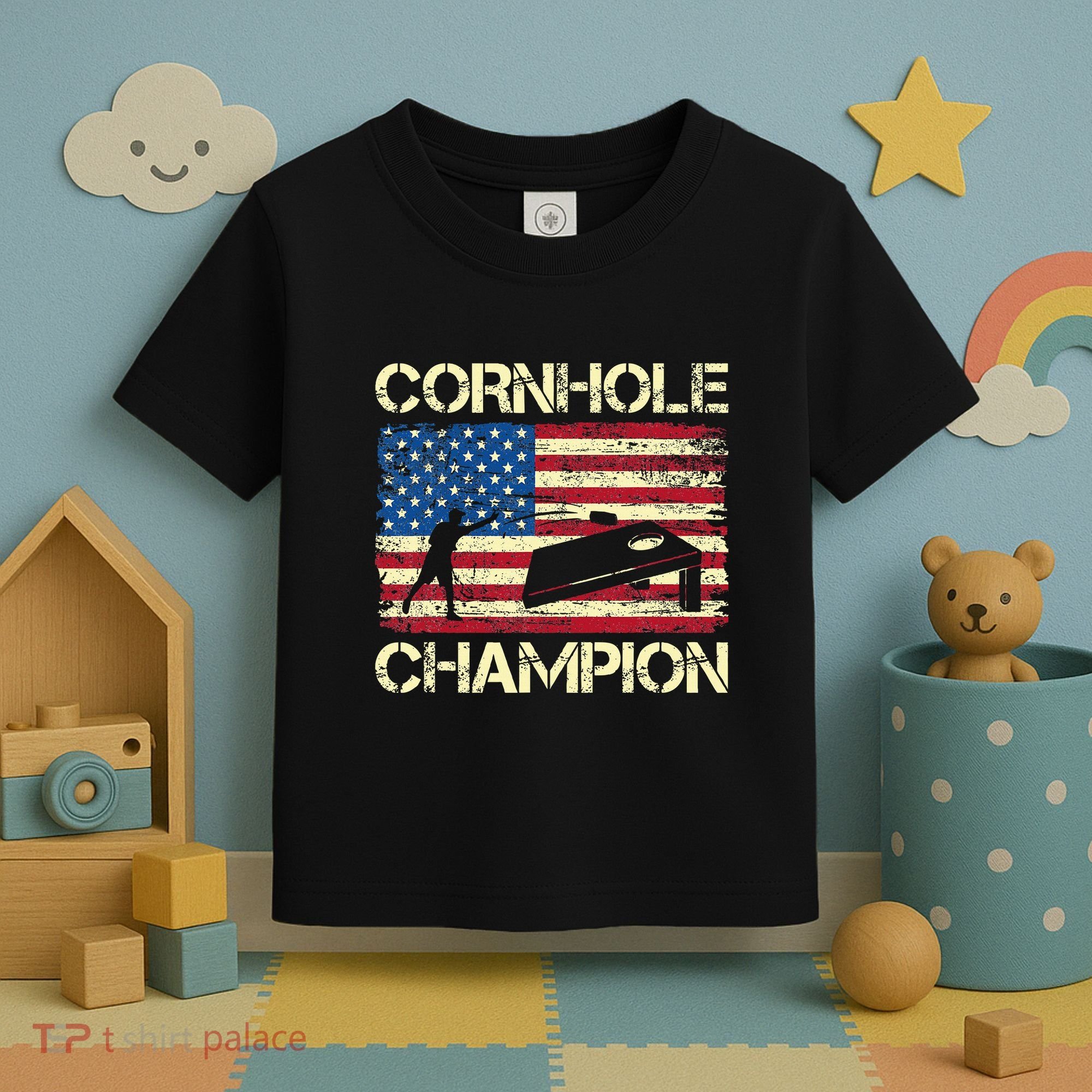 Cornhole Champion American Flag Toddler T-Shirt