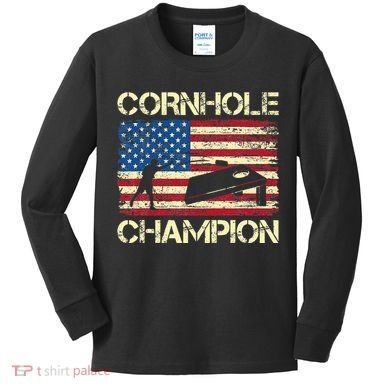 Cornhole Champion American Flag Kids Long Sleeve Shirt