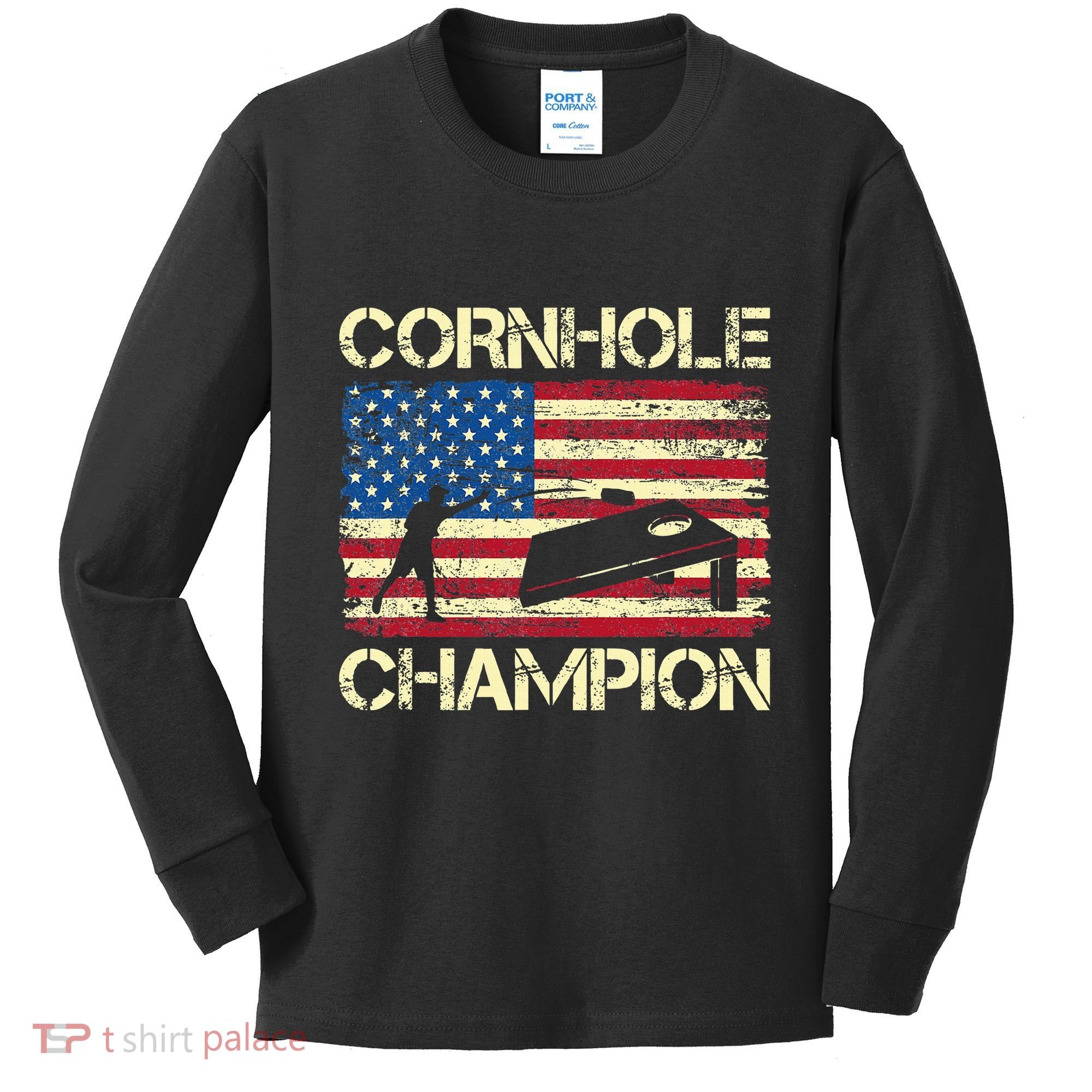 Cornhole Champion American Flag Kids Long Sleeve Shirt