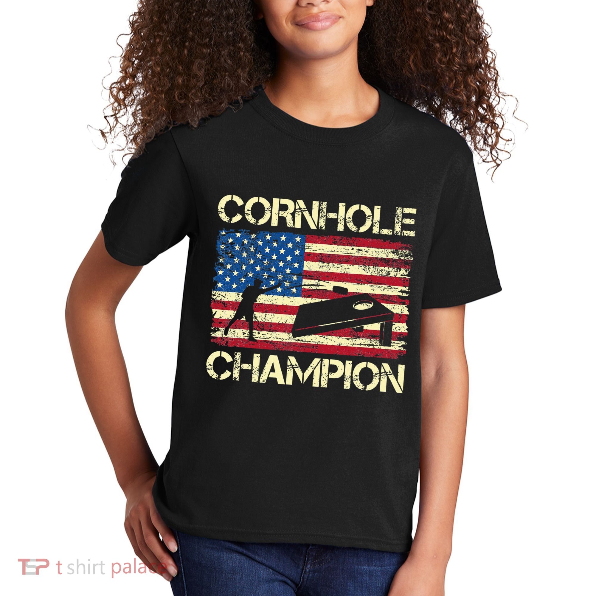 Cornhole Champion American Flag Kids T-Shirt