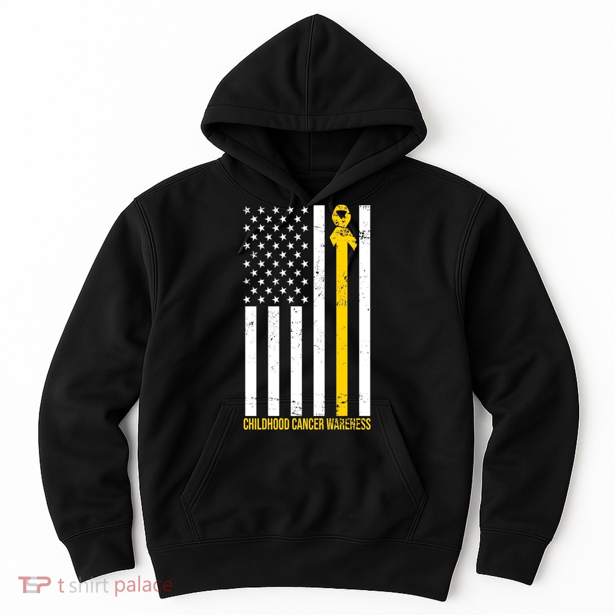 Childhood Cancer American Flag Yellow Thin Line Hoodie