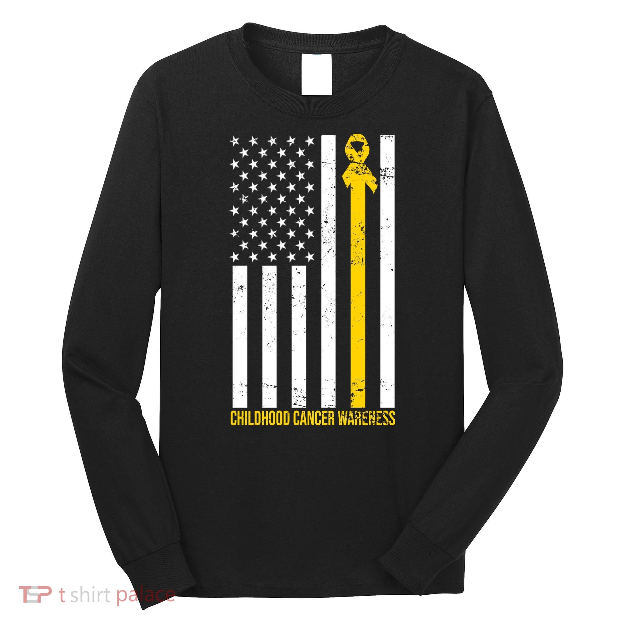 Childhood Cancer American Flag Yellow Thin Line Long Sleeve Shirt