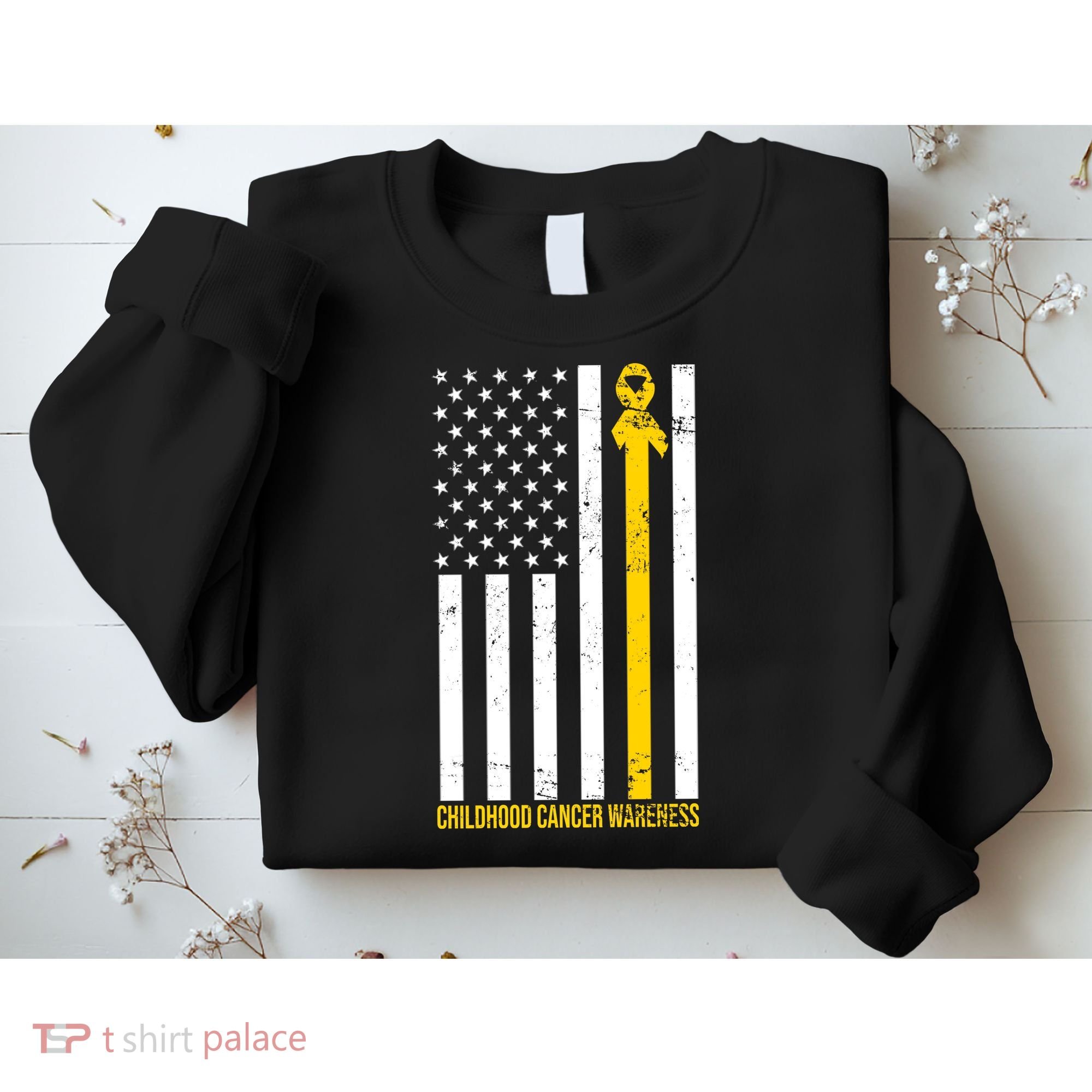Childhood Cancer American Flag Yellow Thin Line Sweatshirt