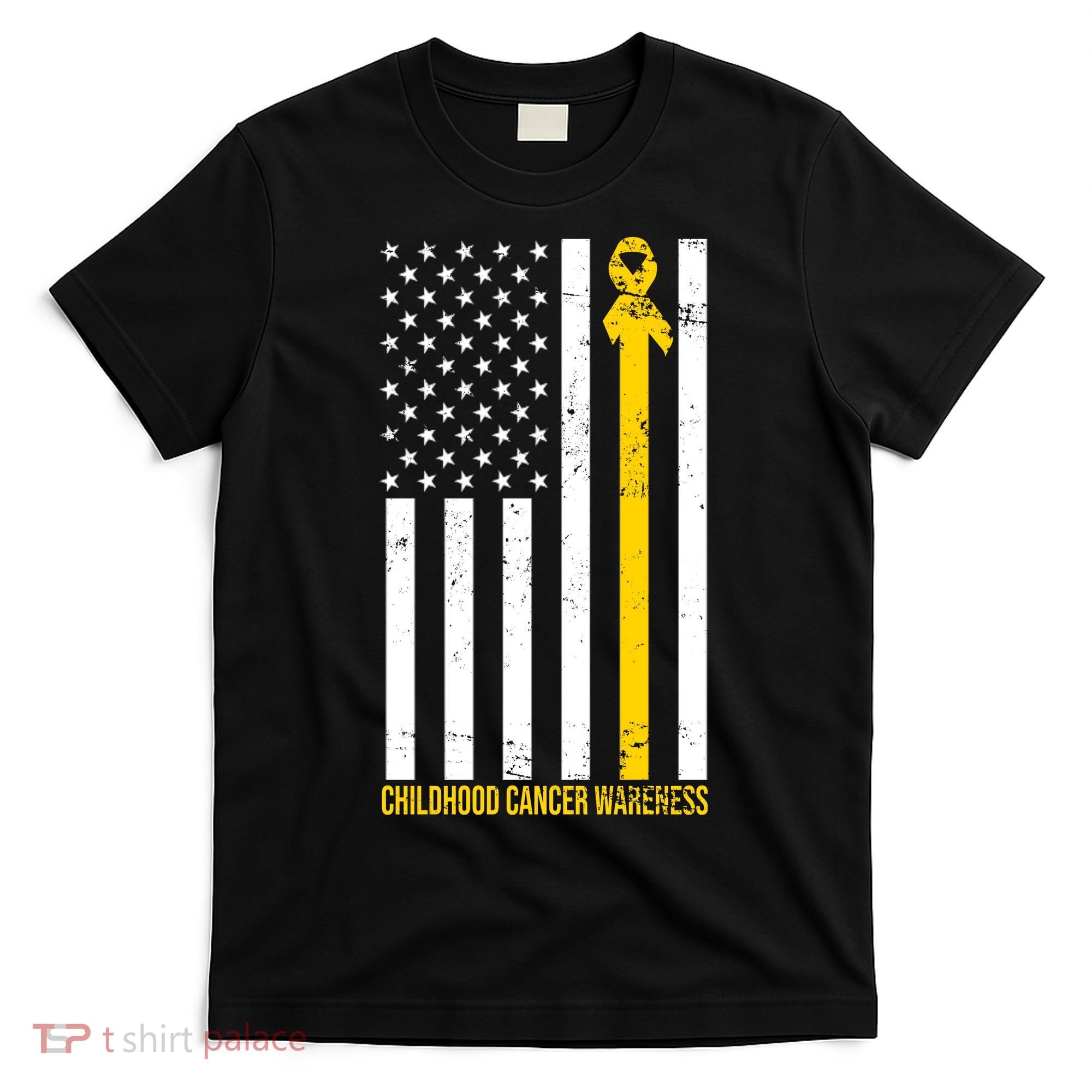 Childhood Cancer American Flag Yellow Thin Line T-Shirt