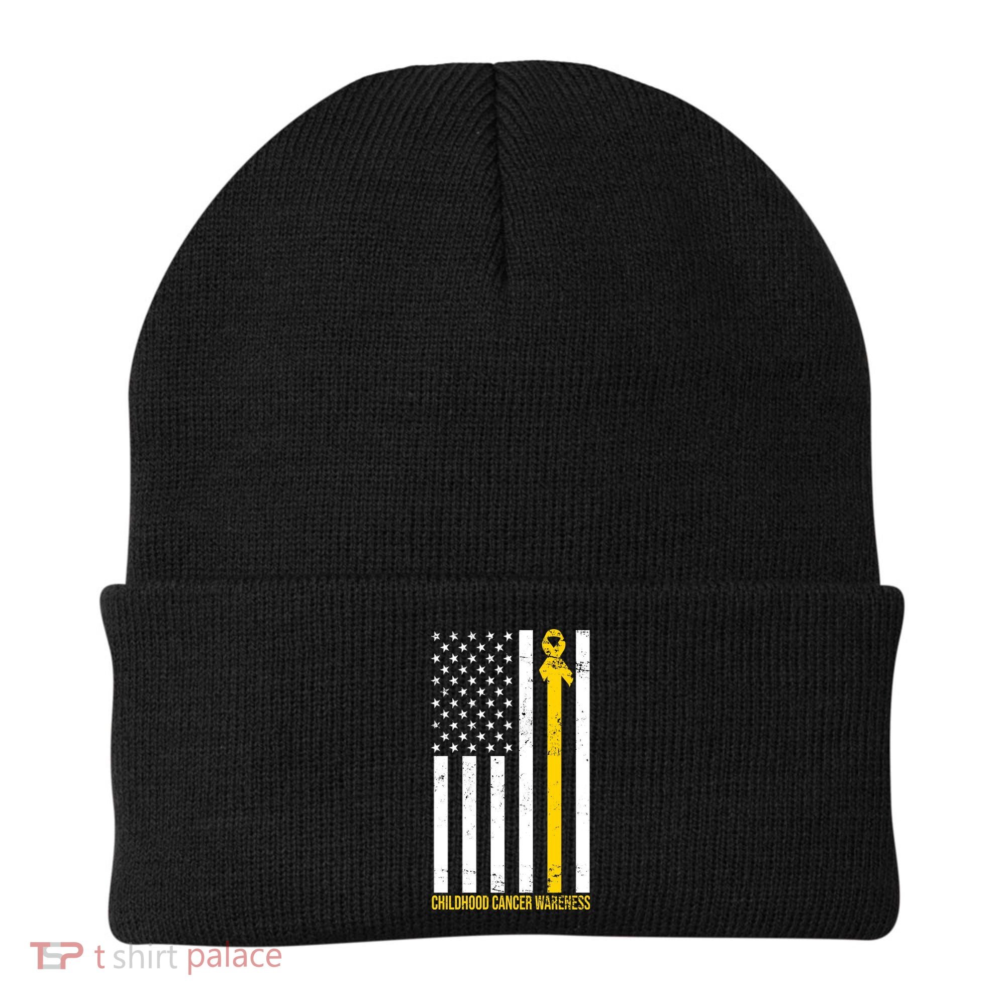 Childhood Cancer American Flag Yellow Thin Line Beanie