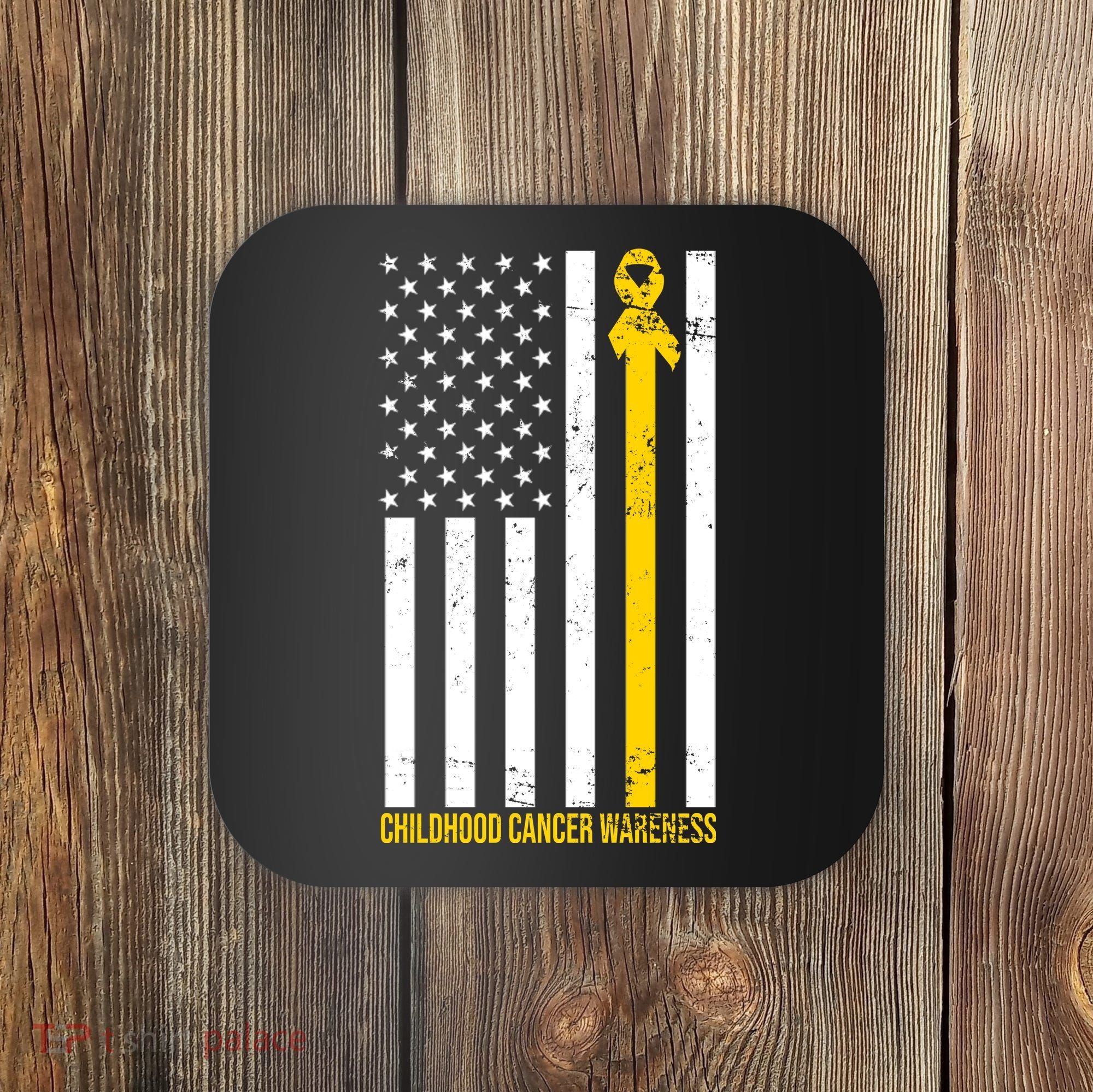 Childhood Cancer American Flag Yellow Thin Line Coaster