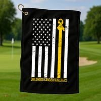 Childhood Cancer American Flag Yellow Thin Line Golf Towel thumb 1