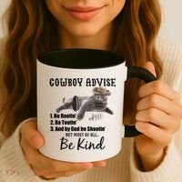Cowboy Cat Adivse Be Rootin' Be Tootin' Be Shootin Be Kind Meme Coffee Mug thumb 3