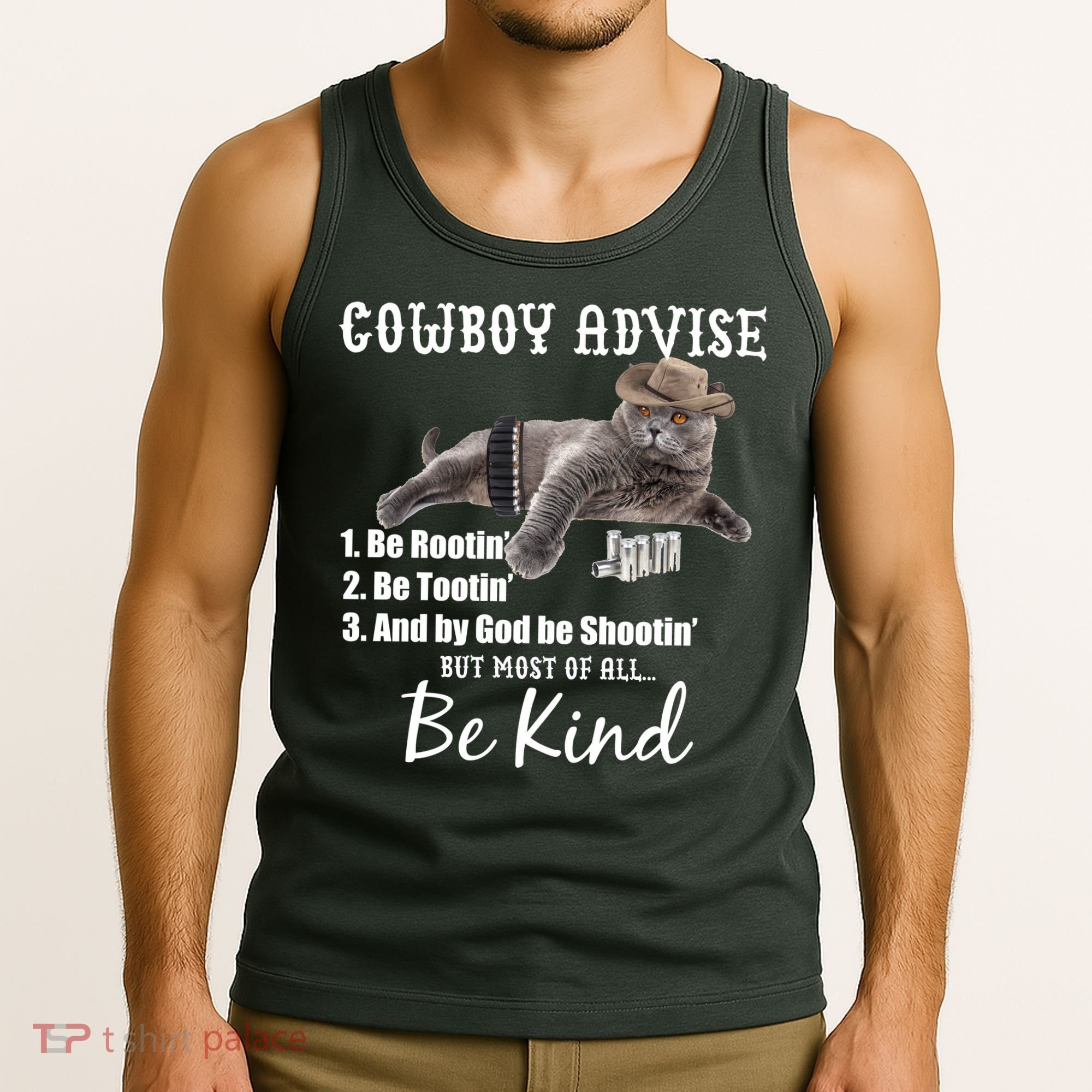 Cowboy Cat Adivse Be Rootin' Be Tootin' Be Shootin Be Kind Meme Tank Top