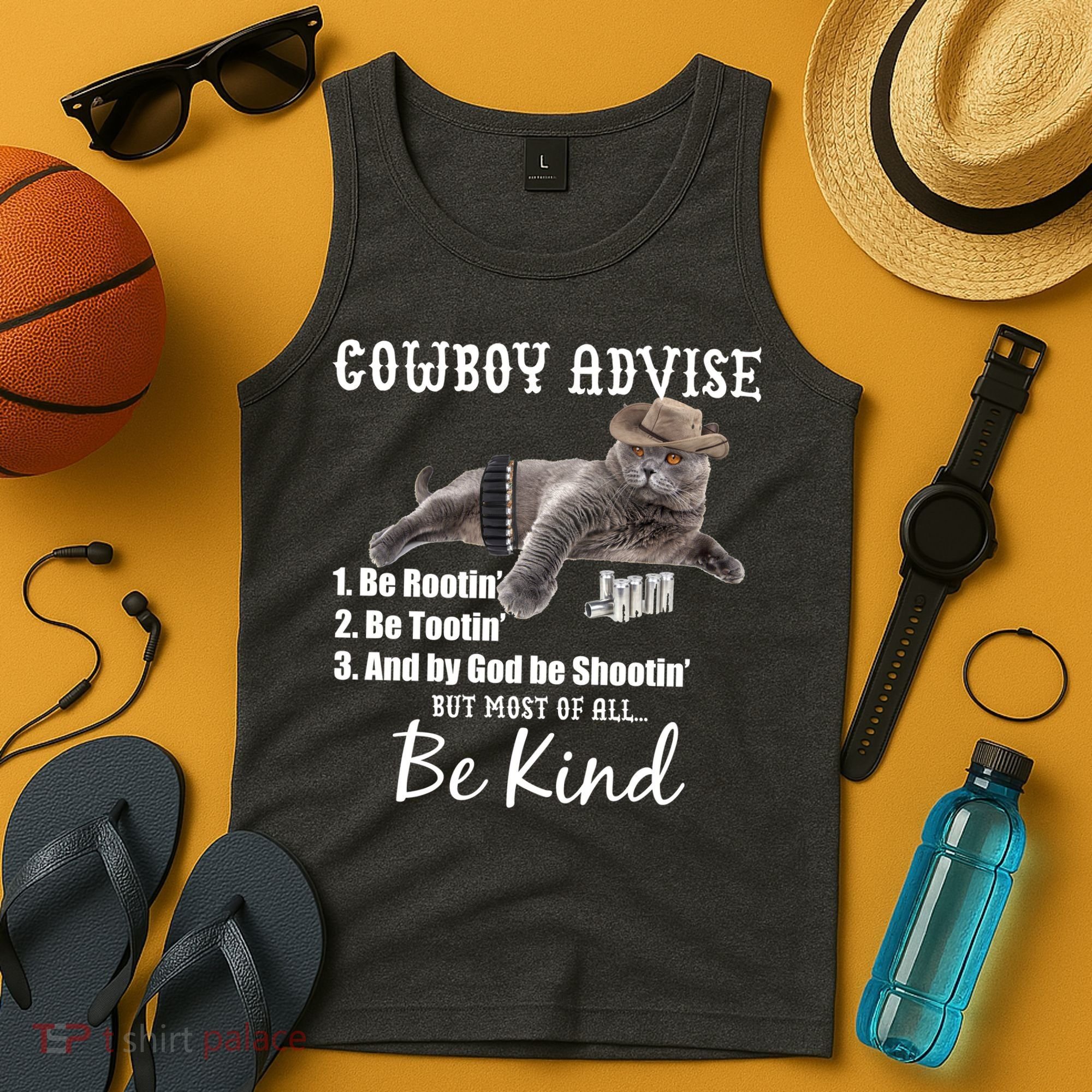 Cowboy Cat Adivse Be Rootin' Be Tootin' Be Shootin Be Kind Meme Tank Top