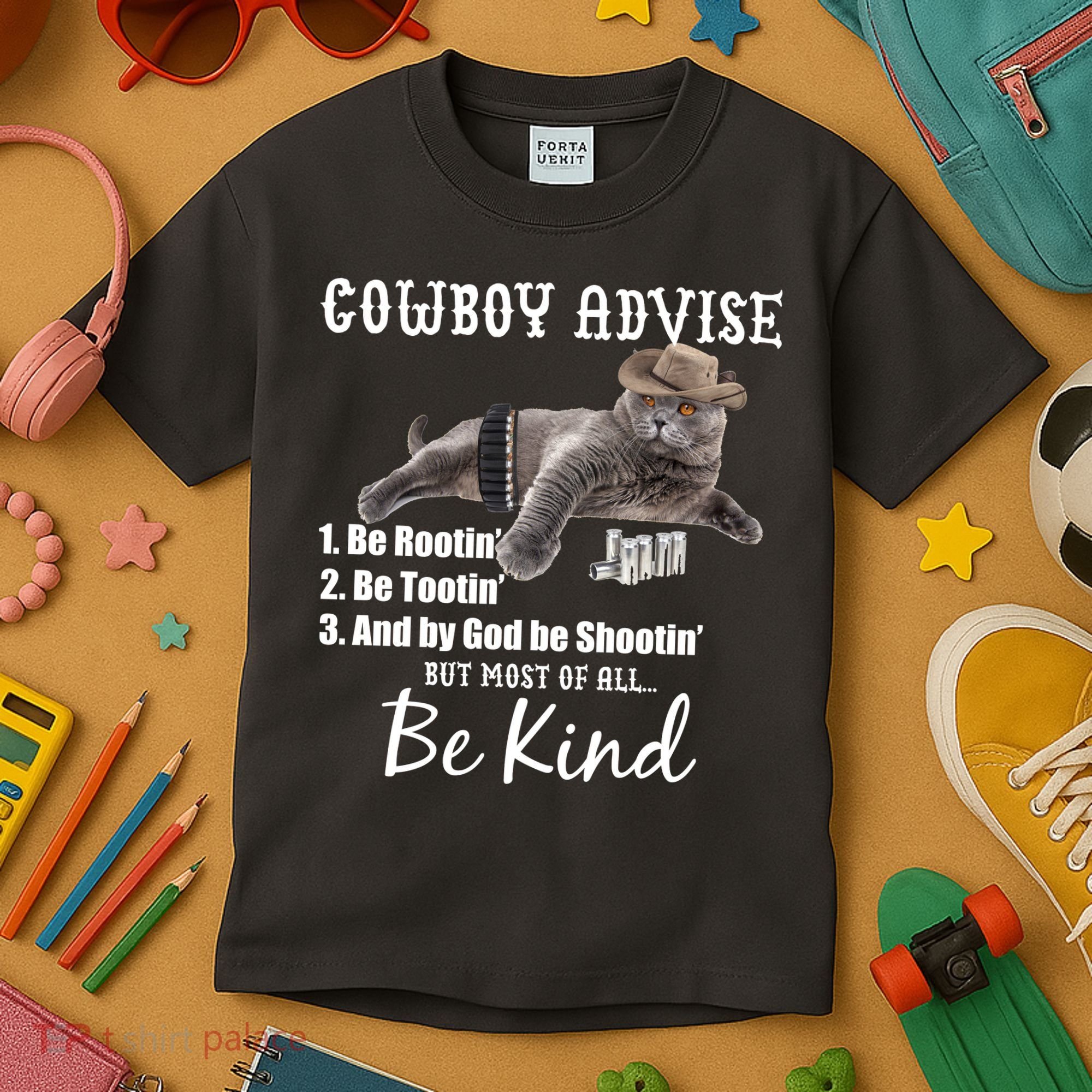Cowboy Cat Adivse Be Rootin' Be Tootin' Be Shootin Be Kind Meme Kids T-Shirt