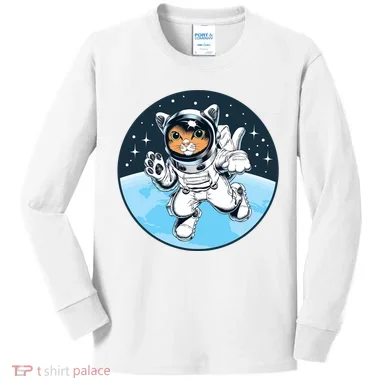 Cute Cat Astronaut Kids Long Sleeve Shirt