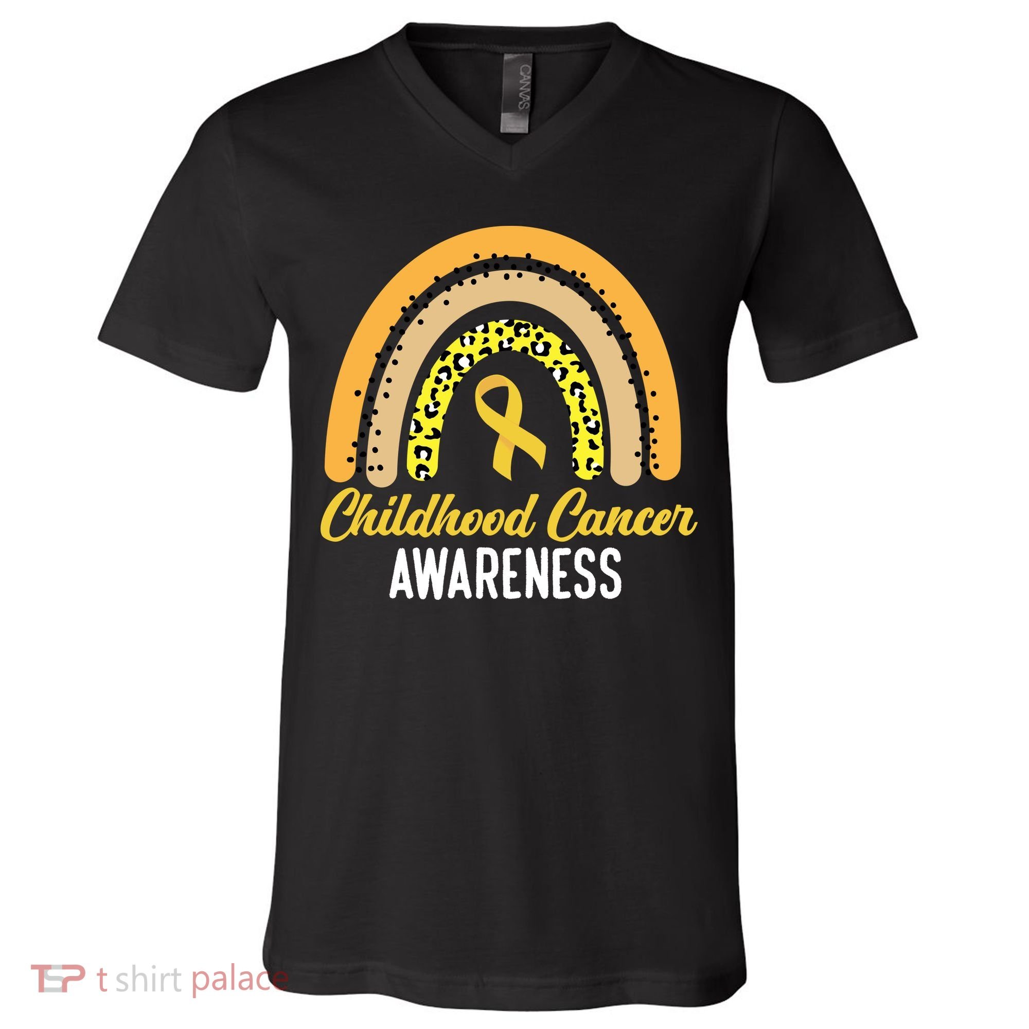 Childhood Cancer Awareness Rainbow Gold Ribbon V-Neck T-Shirt
