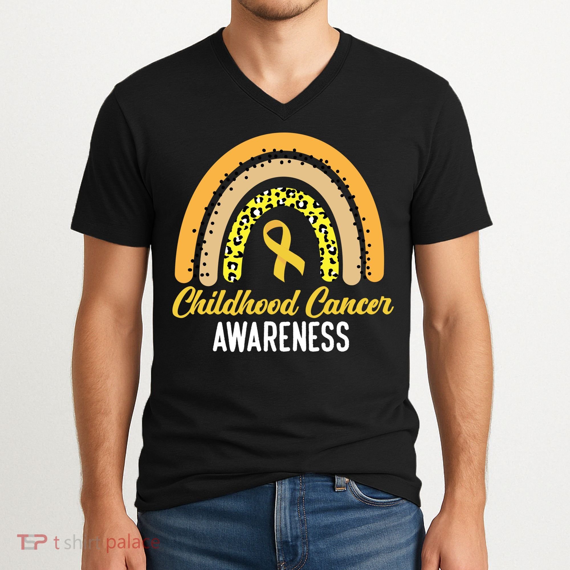 Childhood Cancer Awareness Rainbow Gold Ribbon V-Neck T-Shirt