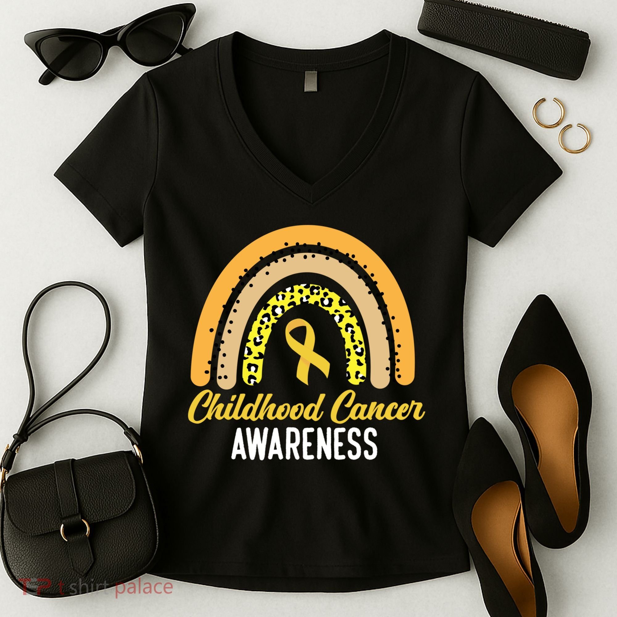 Childhood Cancer Awareness Rainbow Gold Ribbon Women's V-Neck T-Shirt