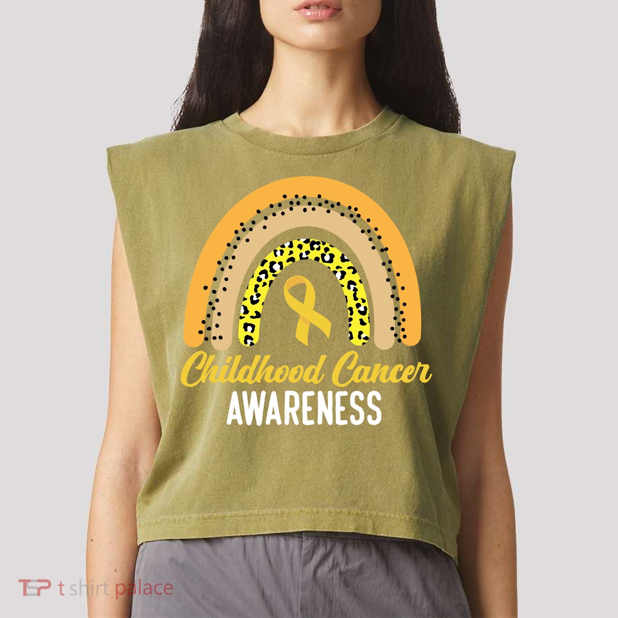 Childhood Cancer Awareness Rainbow Gold Ribbon Garment-Dyed Women's Muscle Tee
