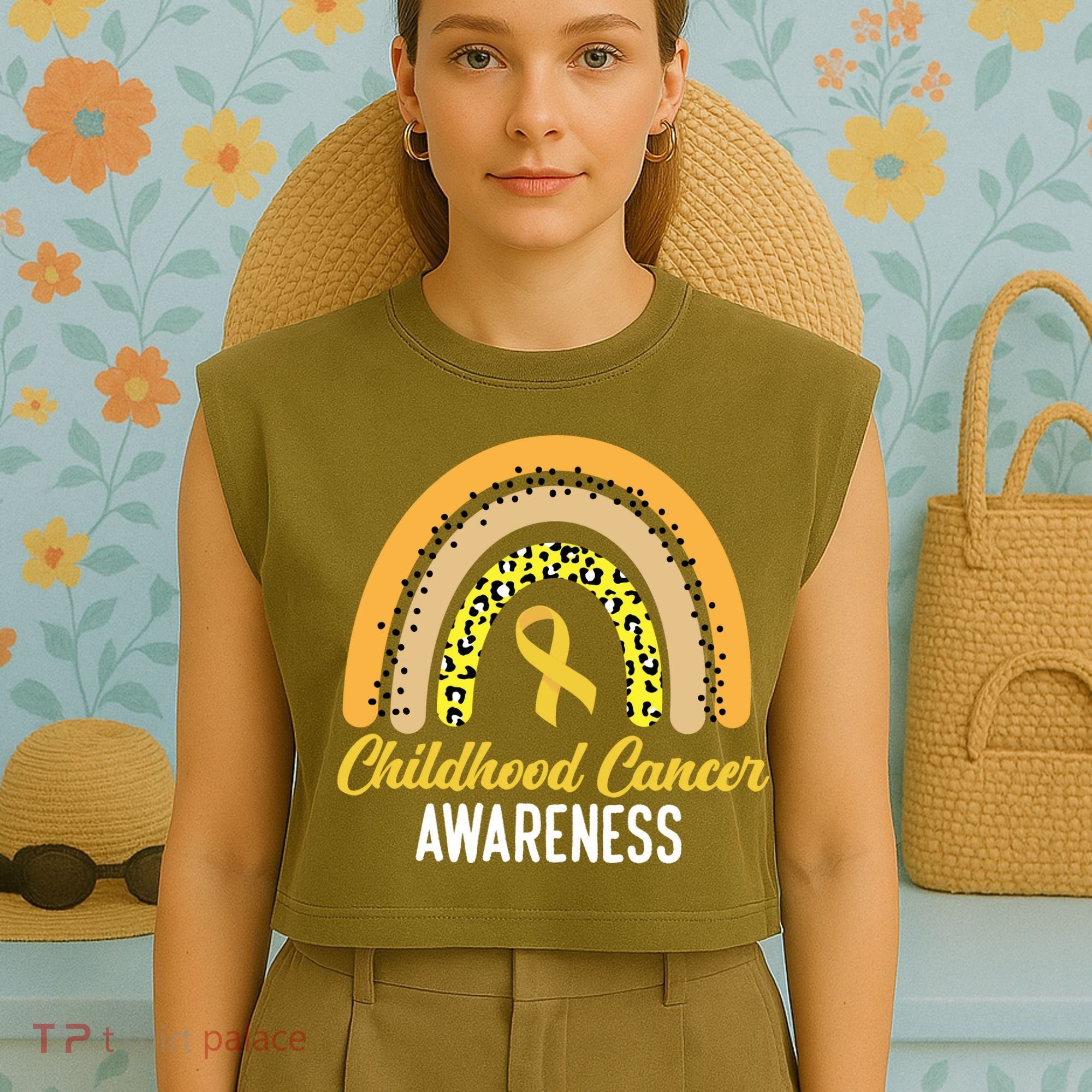 Childhood Cancer Awareness Rainbow Gold Ribbon Garment-Dyed Women's Muscle Tee