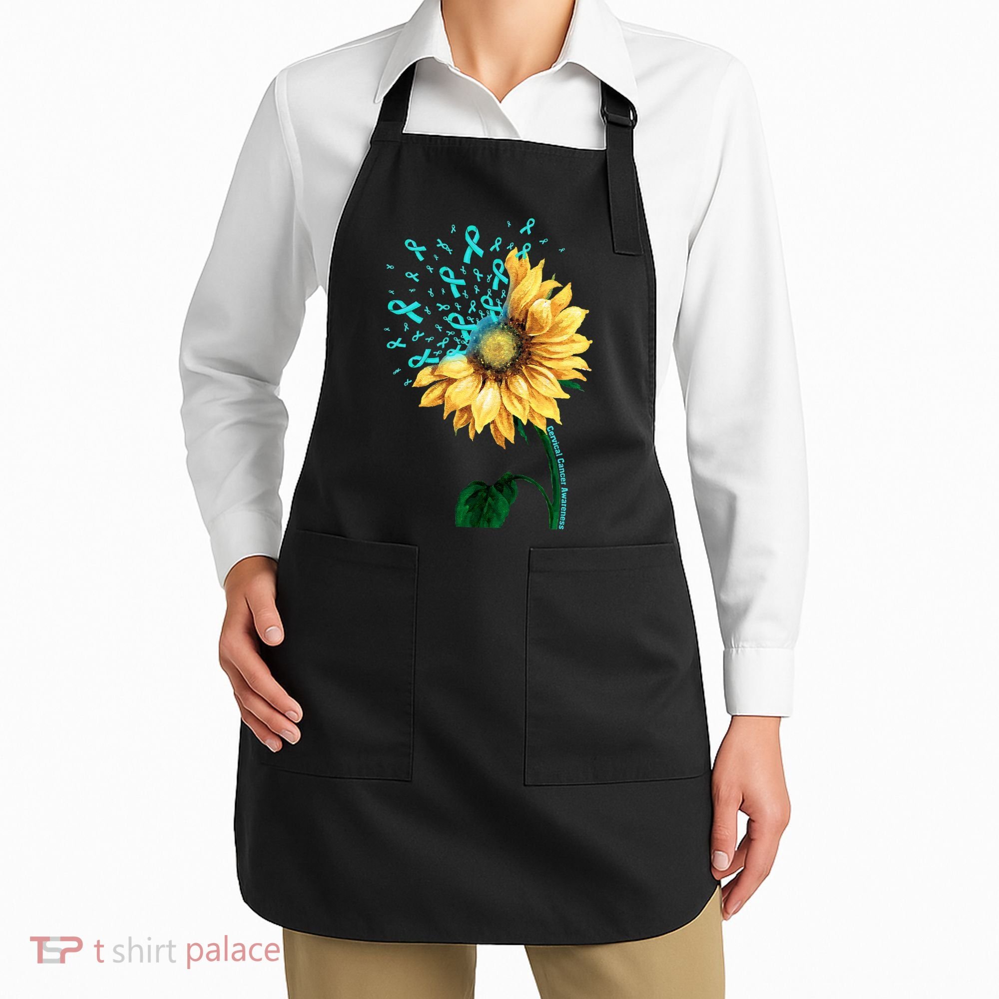 CERVICAL CANCER AWARENESS Sunflower Teal Ribbon Fighter Apron