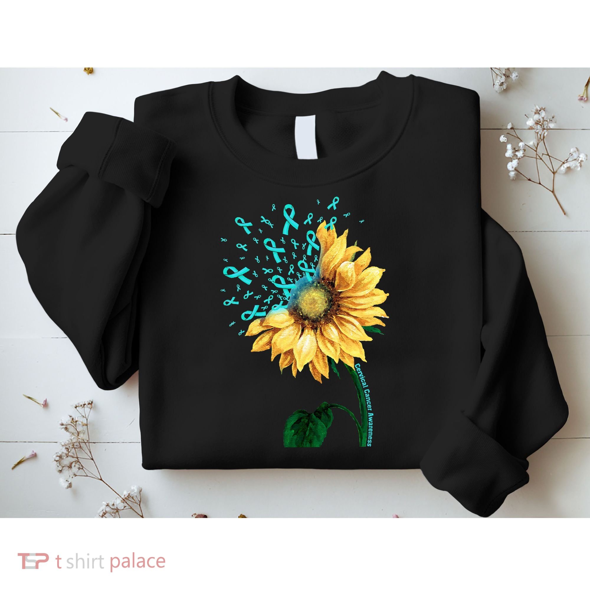 CERVICAL CANCER AWARENESS Sunflower Teal Ribbon Fighter Sweatshirt