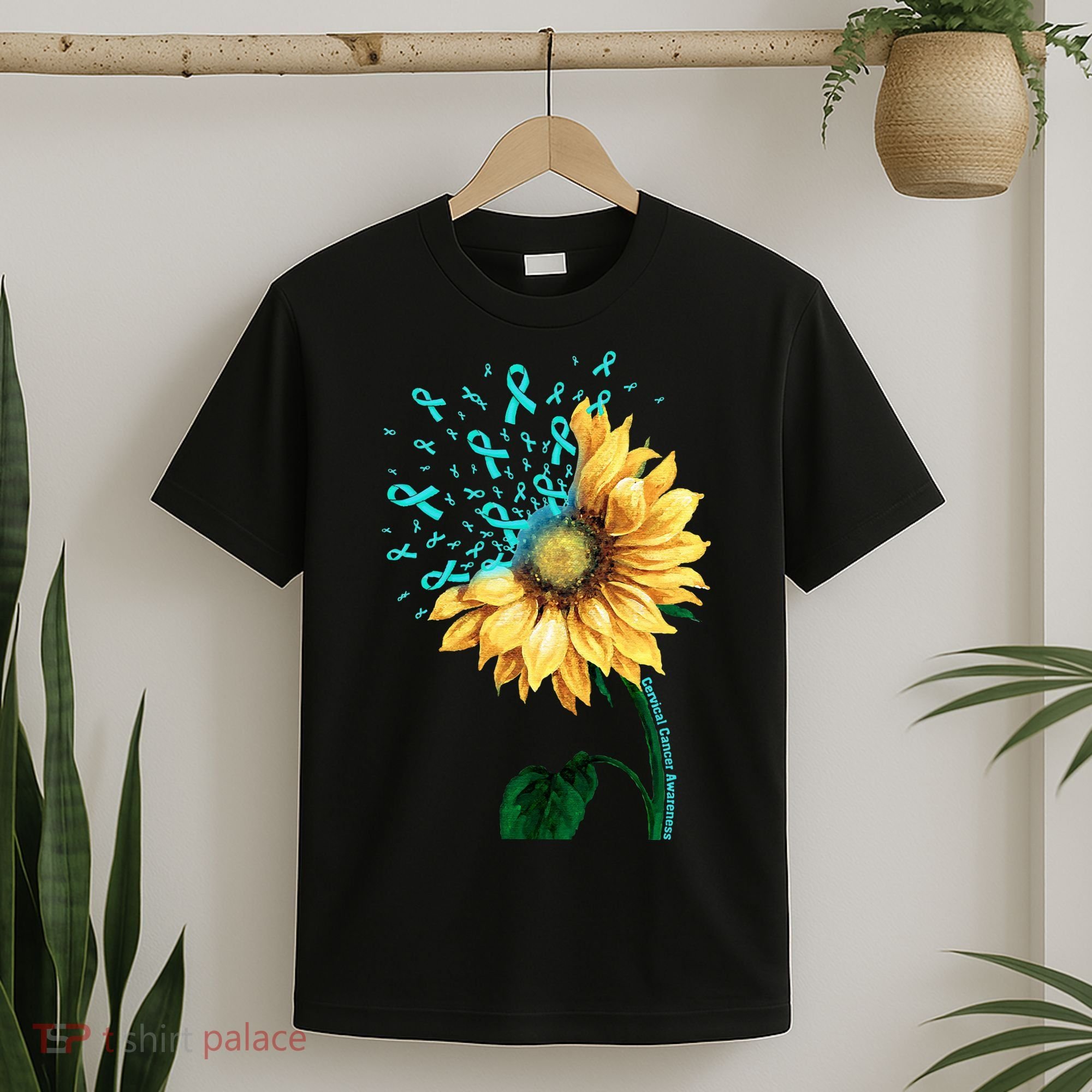 CERVICAL CANCER AWARENESS Sunflower Teal Ribbon Fighter T-Shirt
