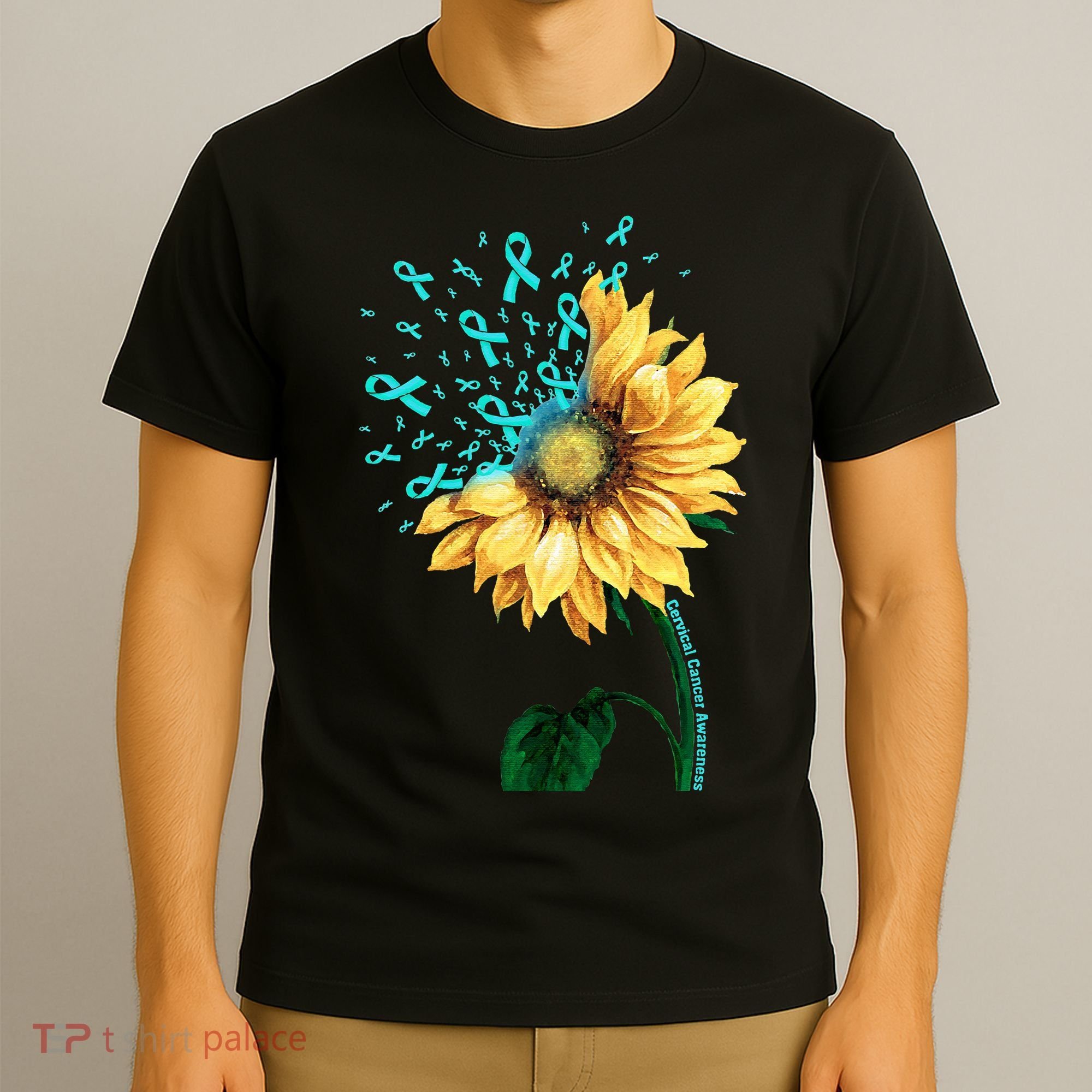 CERVICAL CANCER AWARENESS Sunflower Teal Ribbon Fighter T-Shirt