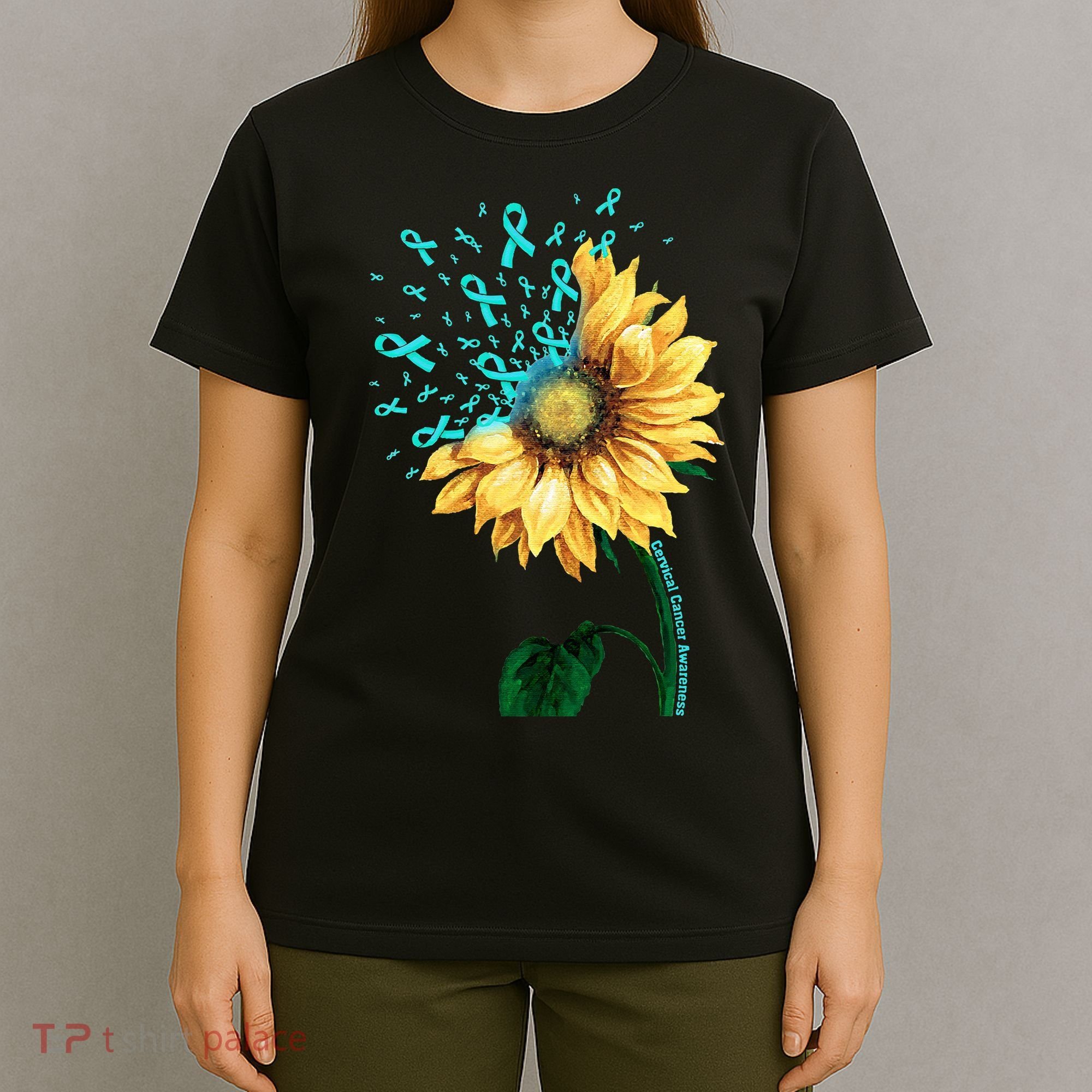 CERVICAL CANCER AWARENESS Sunflower Teal Ribbon Fighter T-Shirt